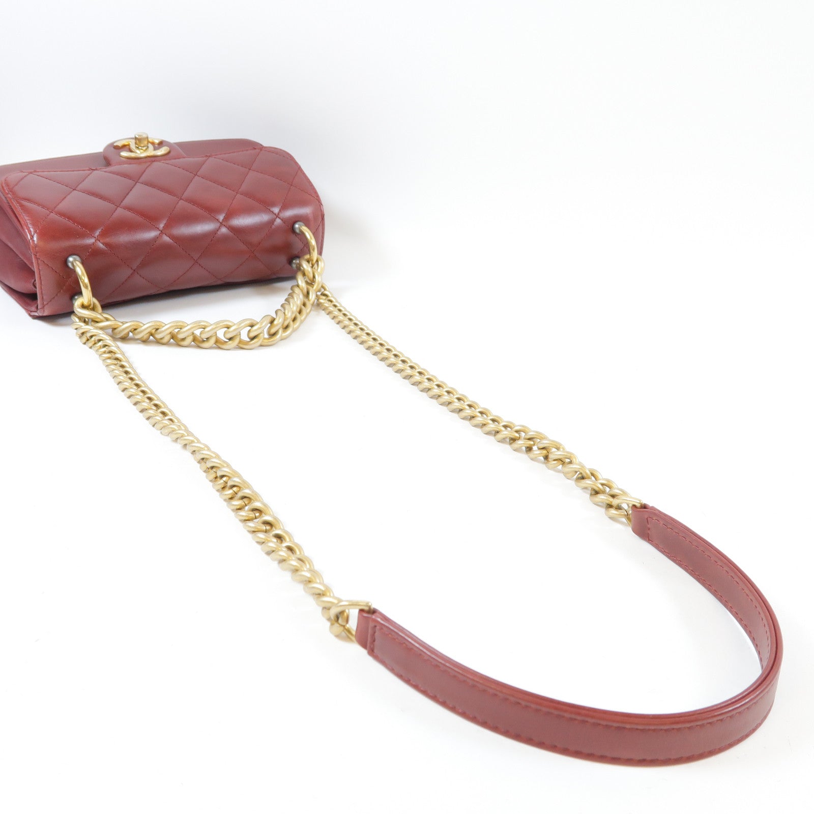 CHANEL 菱格牛皮皮革Flap Bag金扣鏈帶肩背袋紅色
