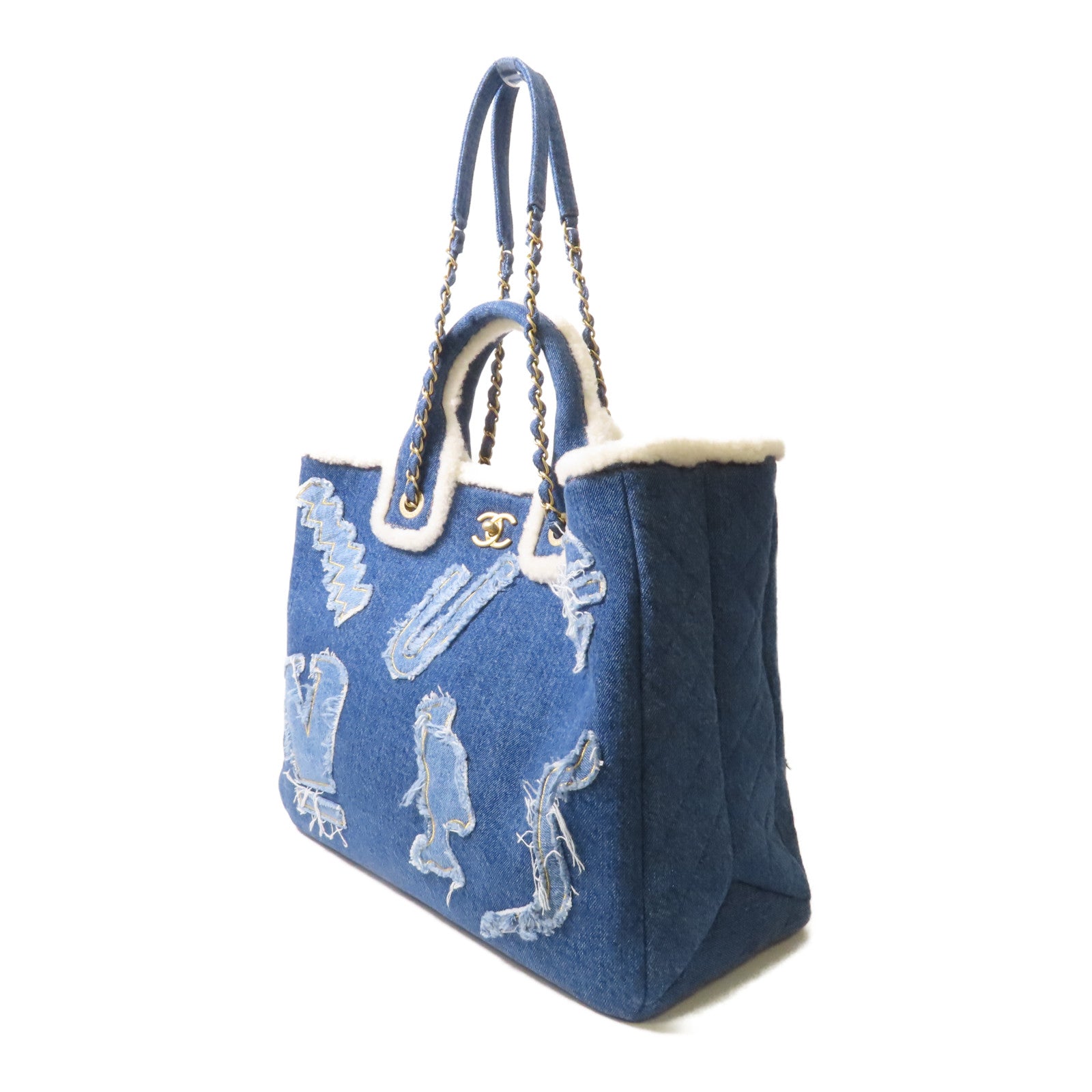 CHANEL 帆布Tote Bag金扣手挽肩背兩用袋藍色