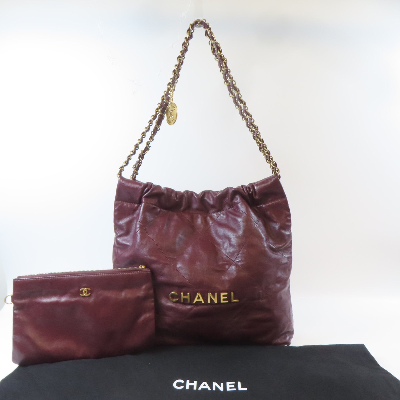 CHANEL 菱格牛皮皮革C22 Small金扣鏈帶肩背袋紫色