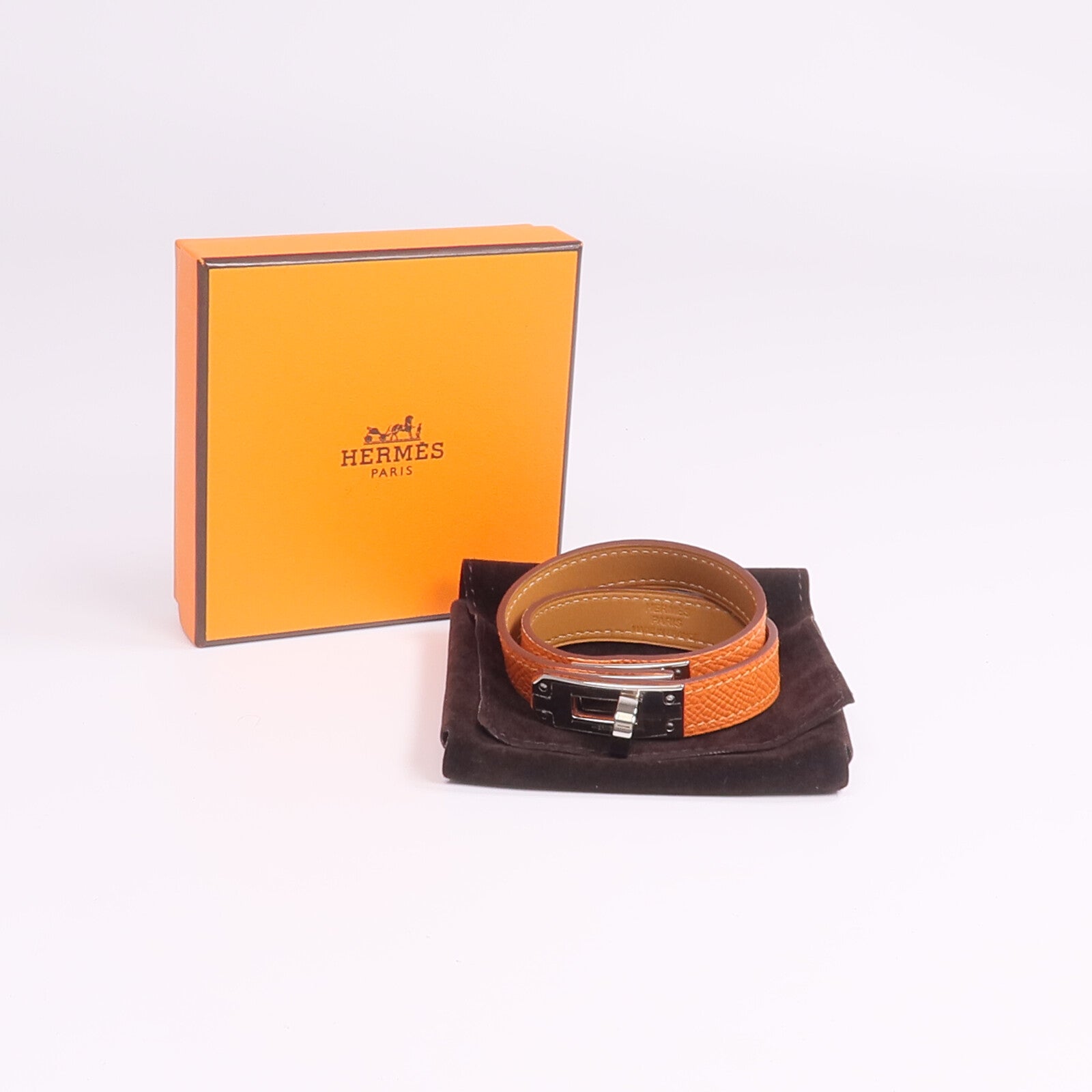 HERMES Epsom皮革Kelly Double Tour Bracelet銀扣手帶Orange H