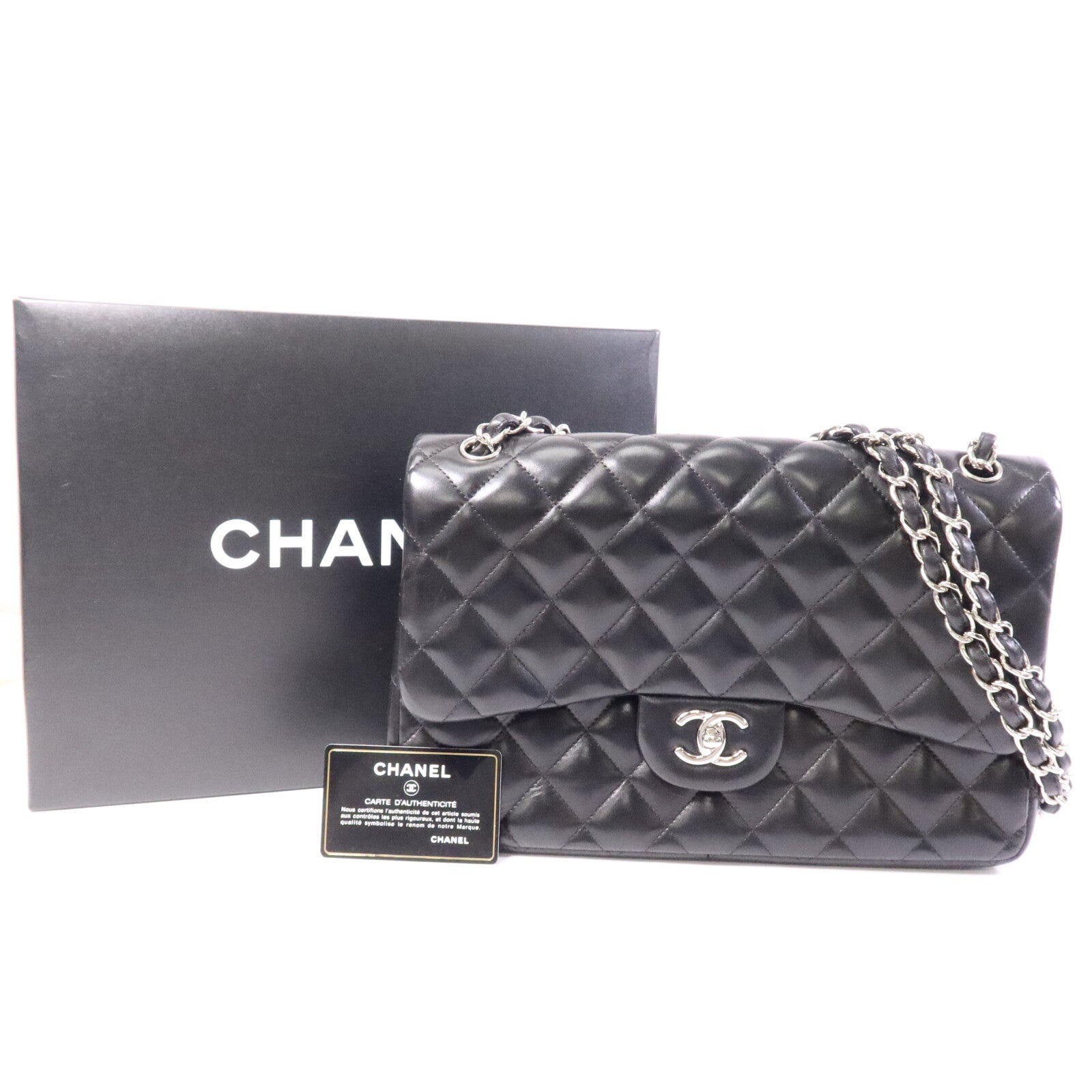 CHANEL 羊皮皮革Large Classic銀扣鏈帶肩背袋