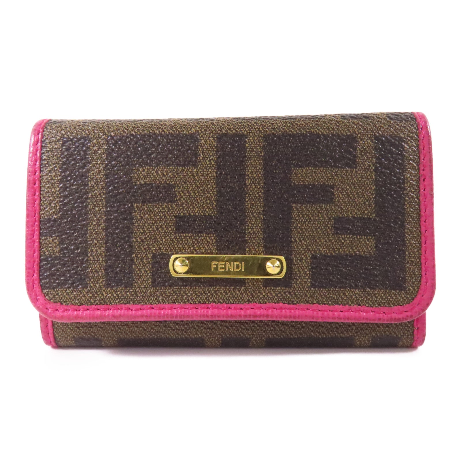 FENDI GHW Key Case 8AP079-CRP Coated Canvas Brown Pink