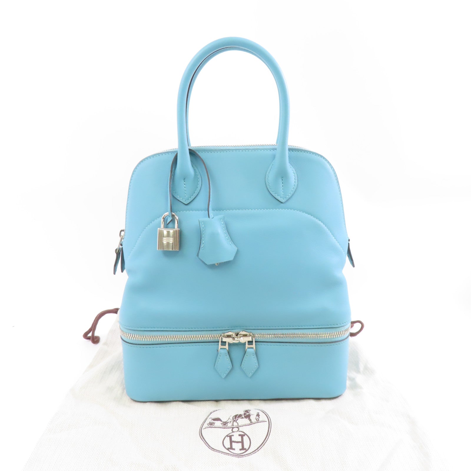 HERMES Evercolor皮革Bolide Secret銀扣手挽袋Bleu Saint Cyr/淺藍色