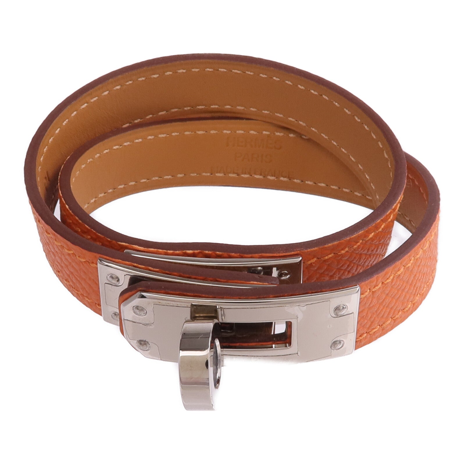 HERMES Epsom皮革Kelly Double Tour Bracelet銀扣手帶Orange H