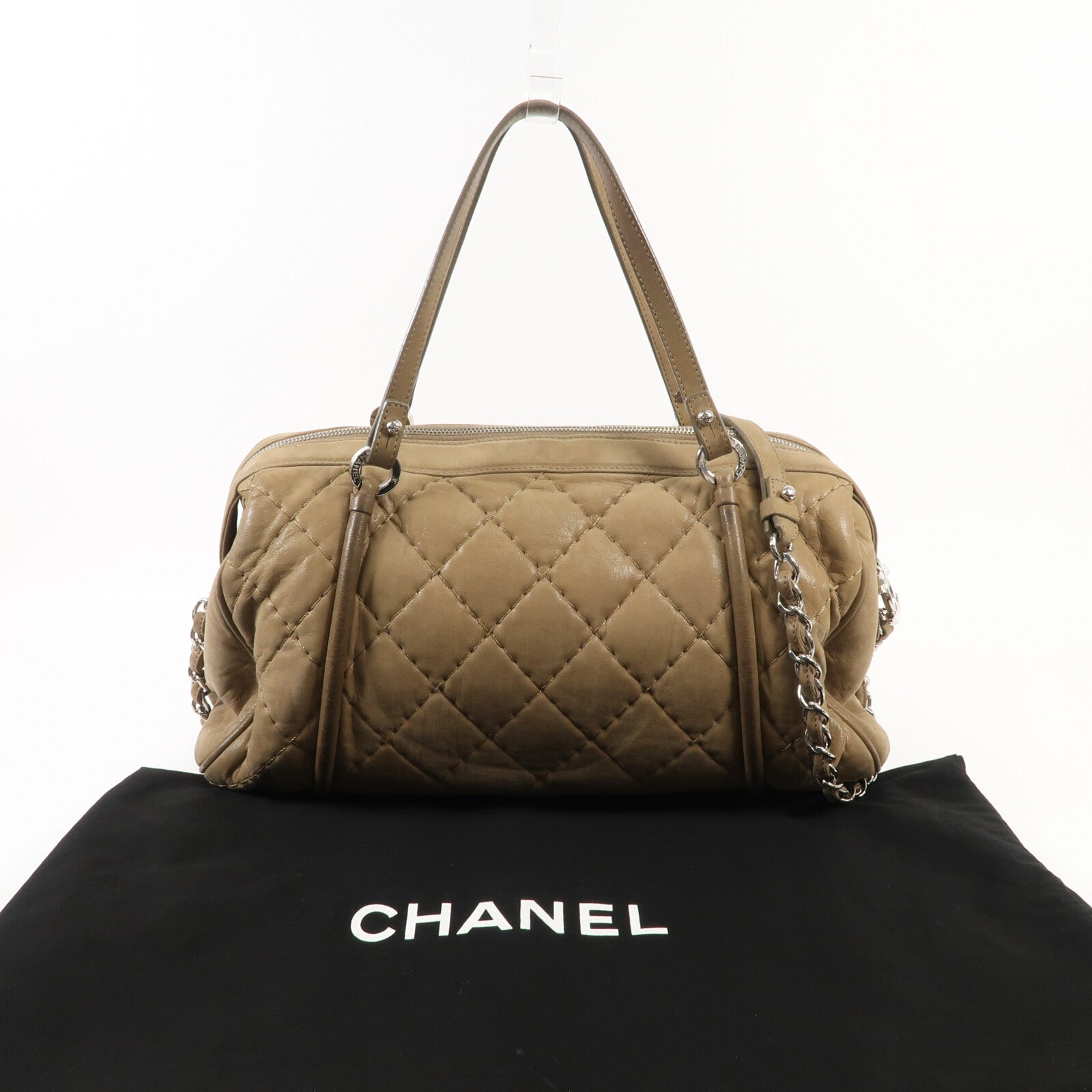 CHANEL 牛皮皮革Chain Shoulder銀扣鏈帶手挽肩背兩用袋