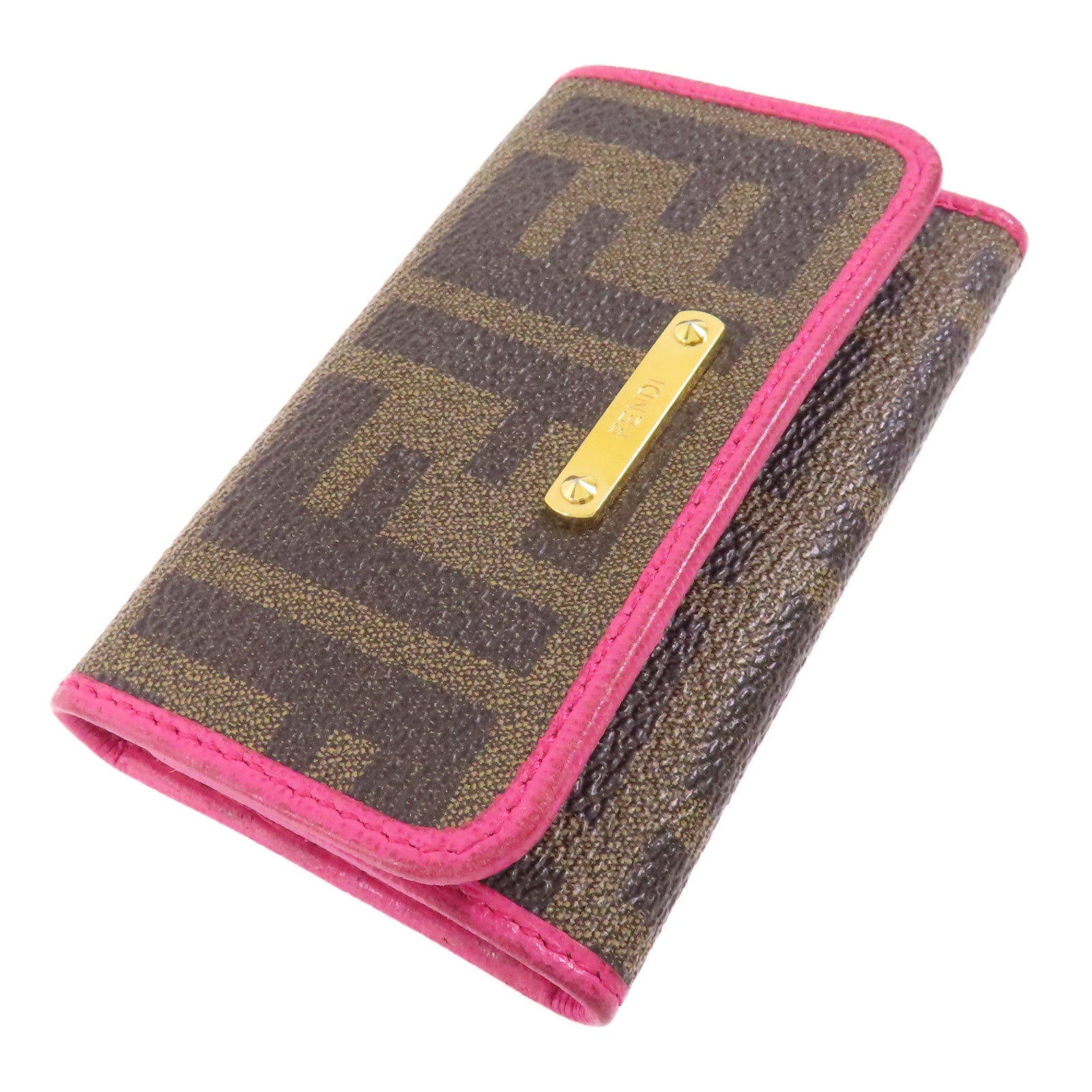 FENDI GHW Key Case 8AP079-CRP Coated Canvas Brown Pink