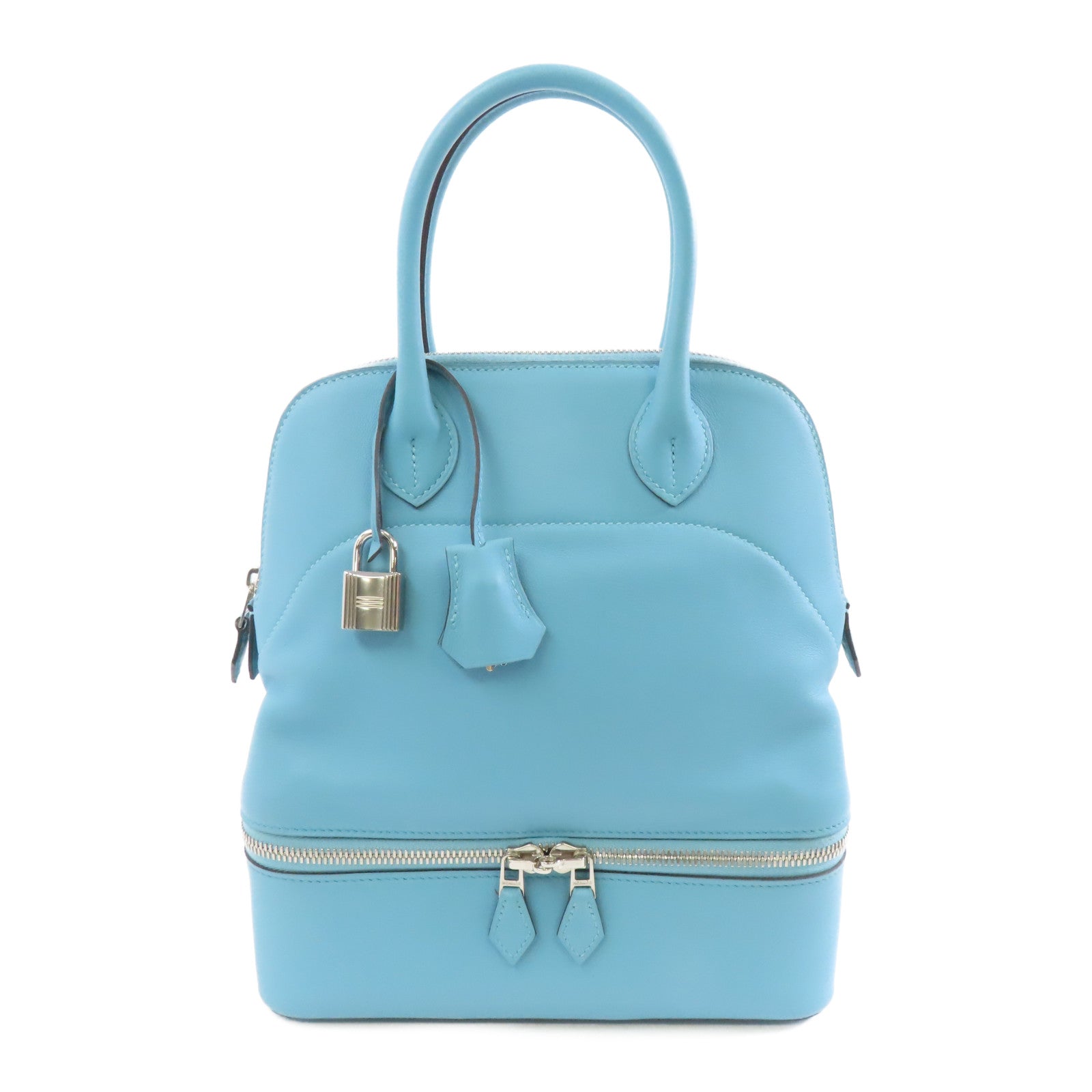 HERMES Evercolor皮革Bolide Secret銀扣手挽袋Bleu Saint Cyr/淺藍色