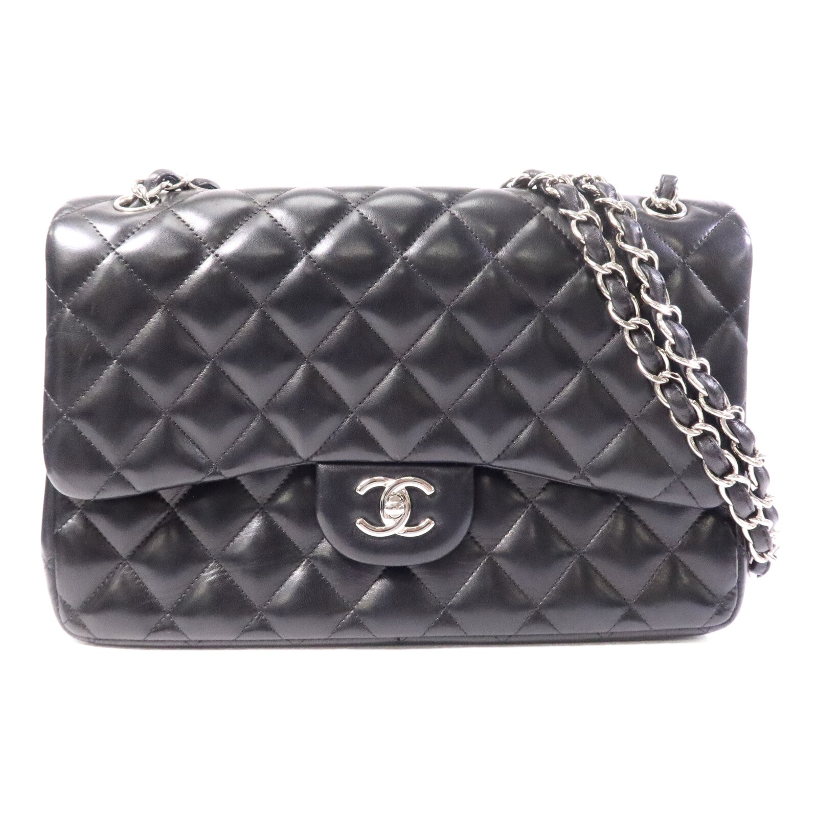 CHANEL 羊皮皮革Large Classic銀扣鏈帶肩背袋