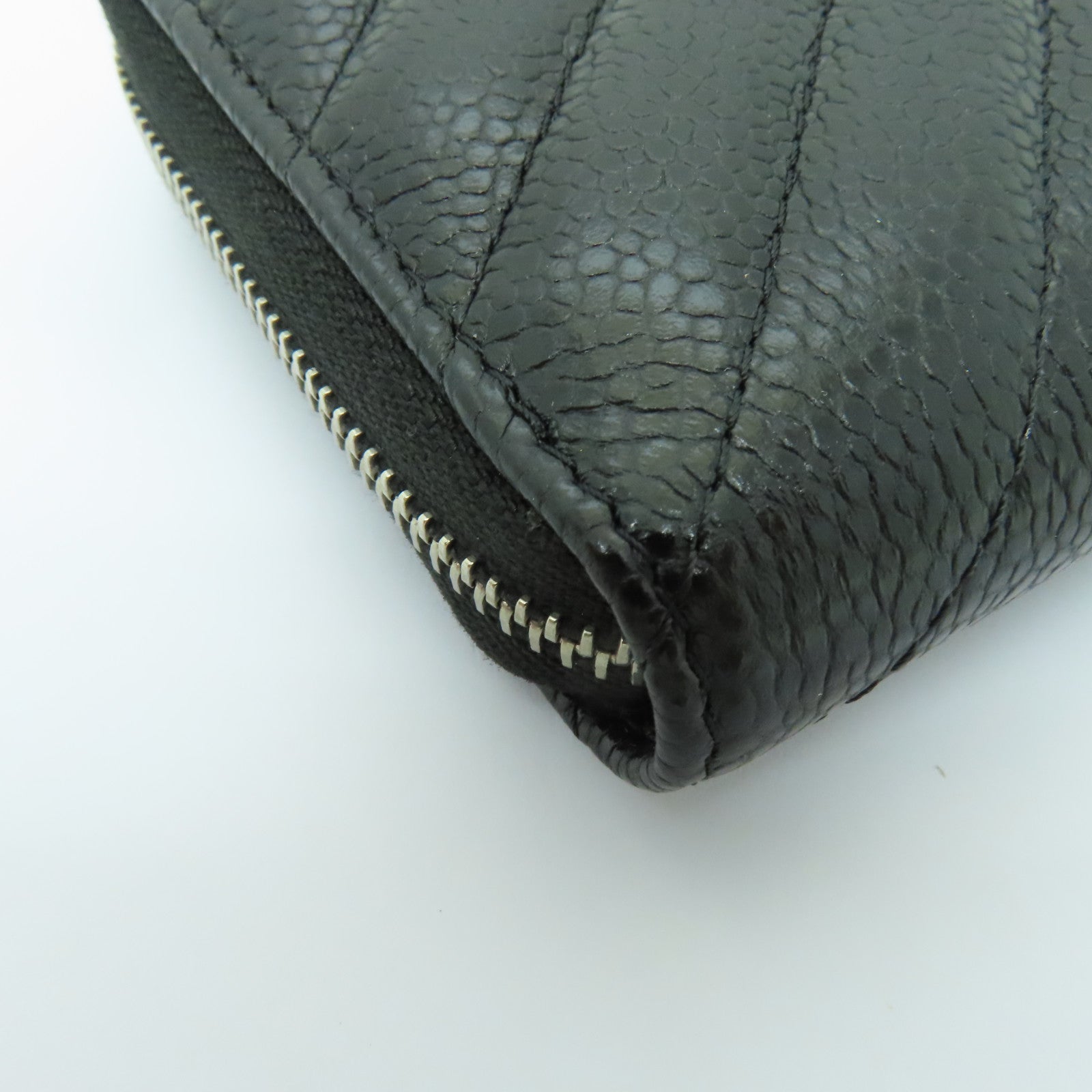 CHANEL 斜紋Caviar皮革Wallet銀扣長錢包黑色