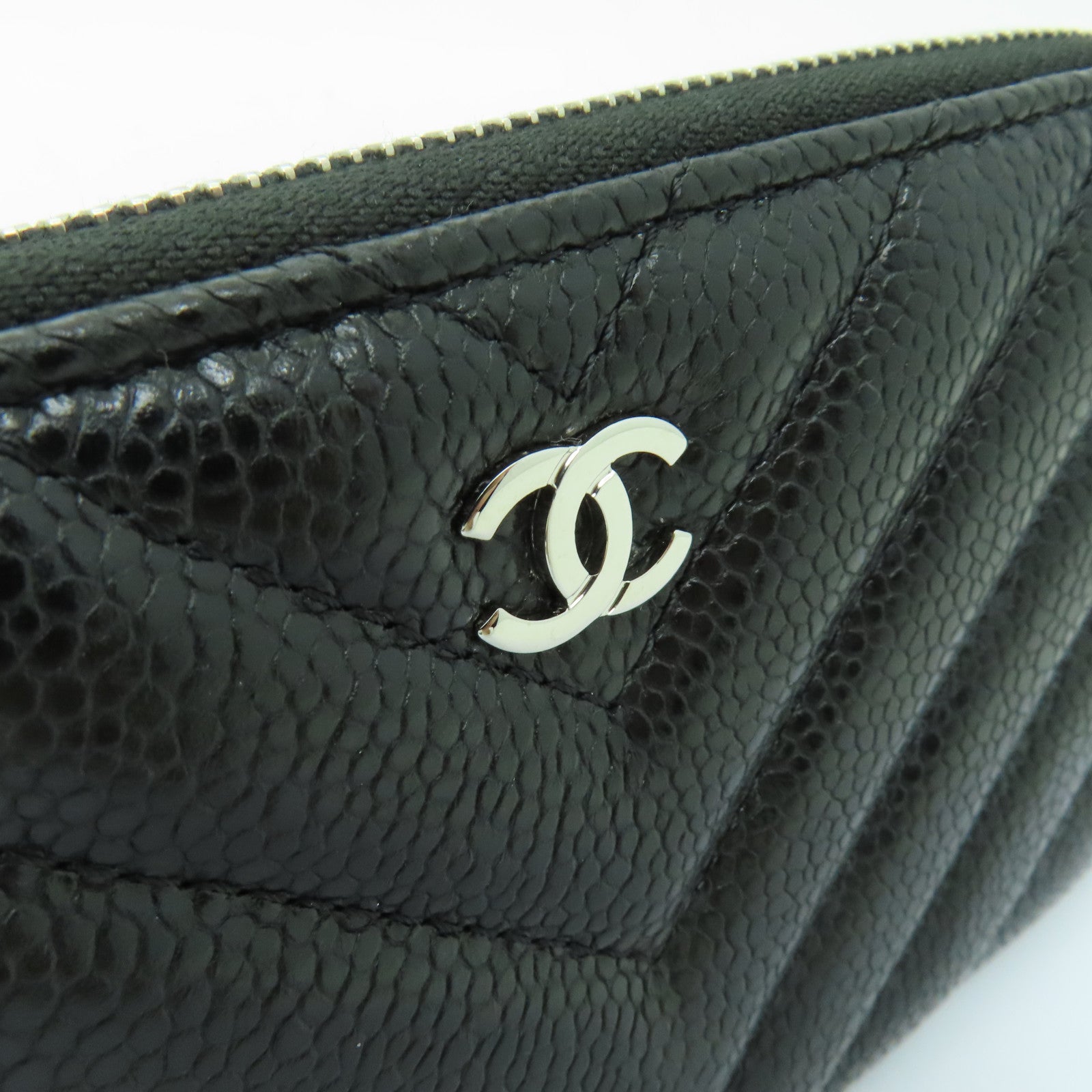 CHANEL 斜紋Caviar皮革Wallet銀扣長錢包黑色
