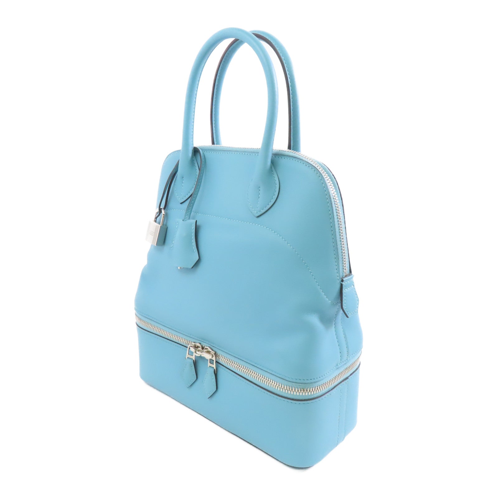 HERMES Evercolor皮革Bolide Secret銀扣手挽袋Bleu Saint Cyr/淺藍色