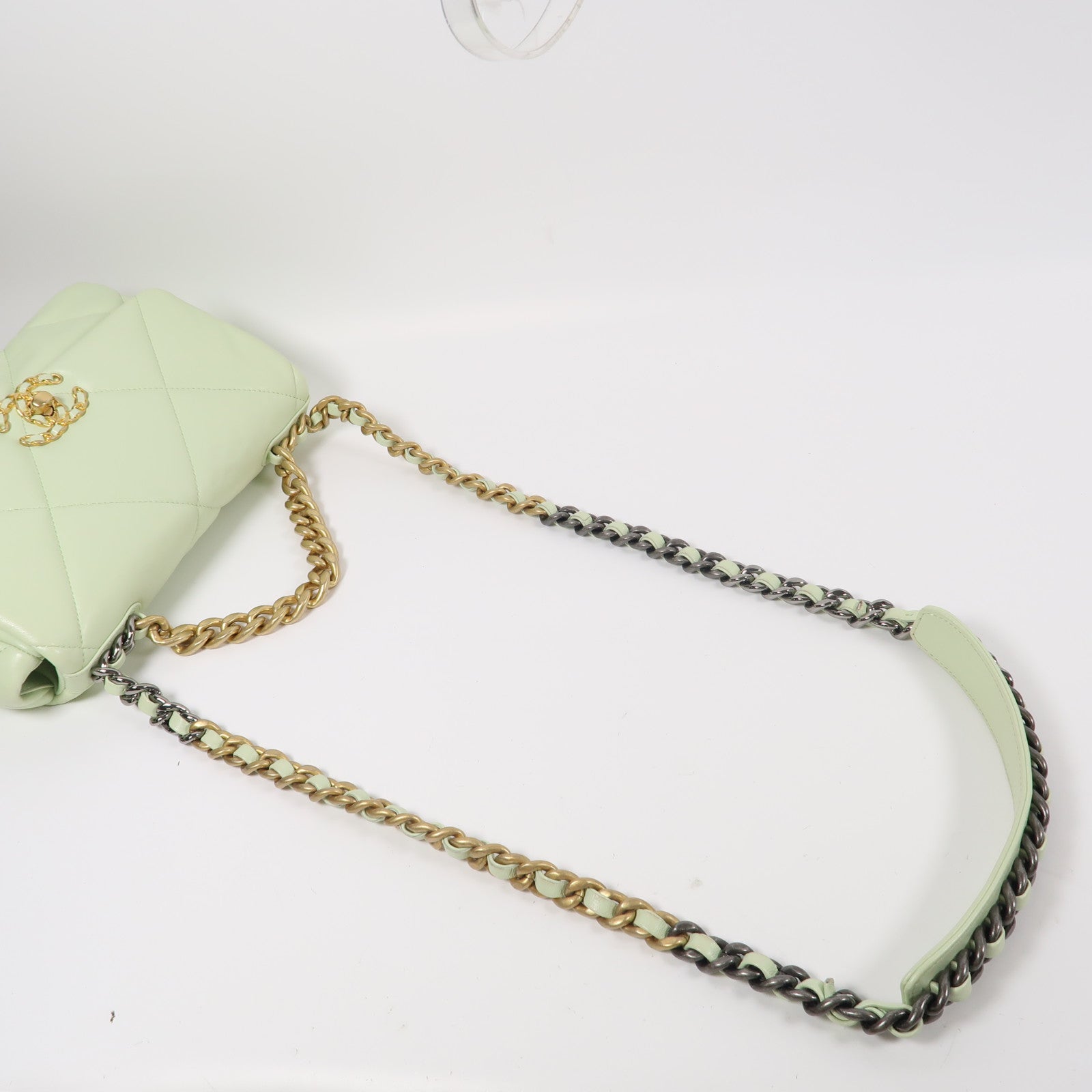 CHANEL 菱格牛皮皮革Chanel 19金扣/銀扣手挽肩背兩用袋綠色