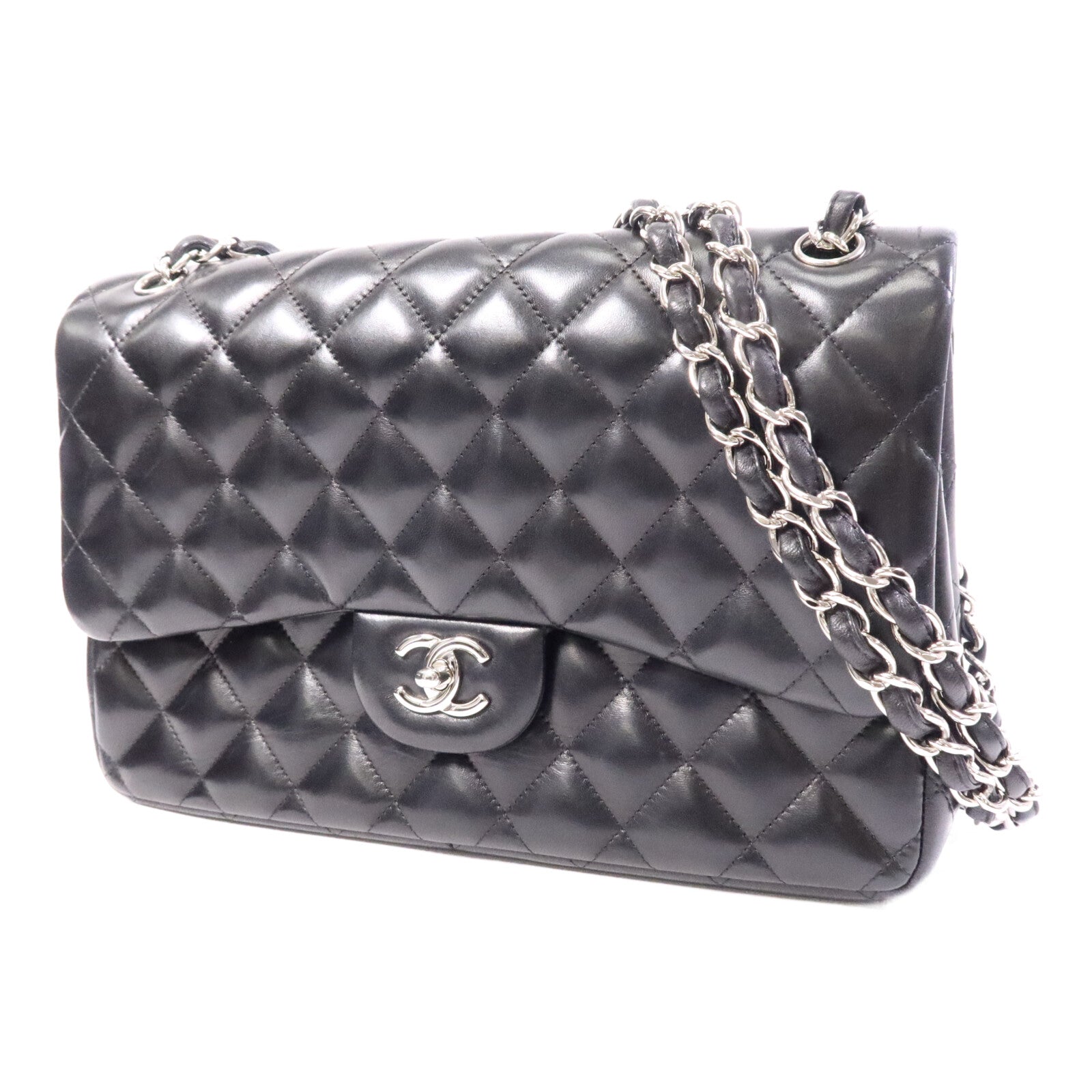 CHANEL 羊皮皮革Large Classic銀扣鏈帶肩背袋