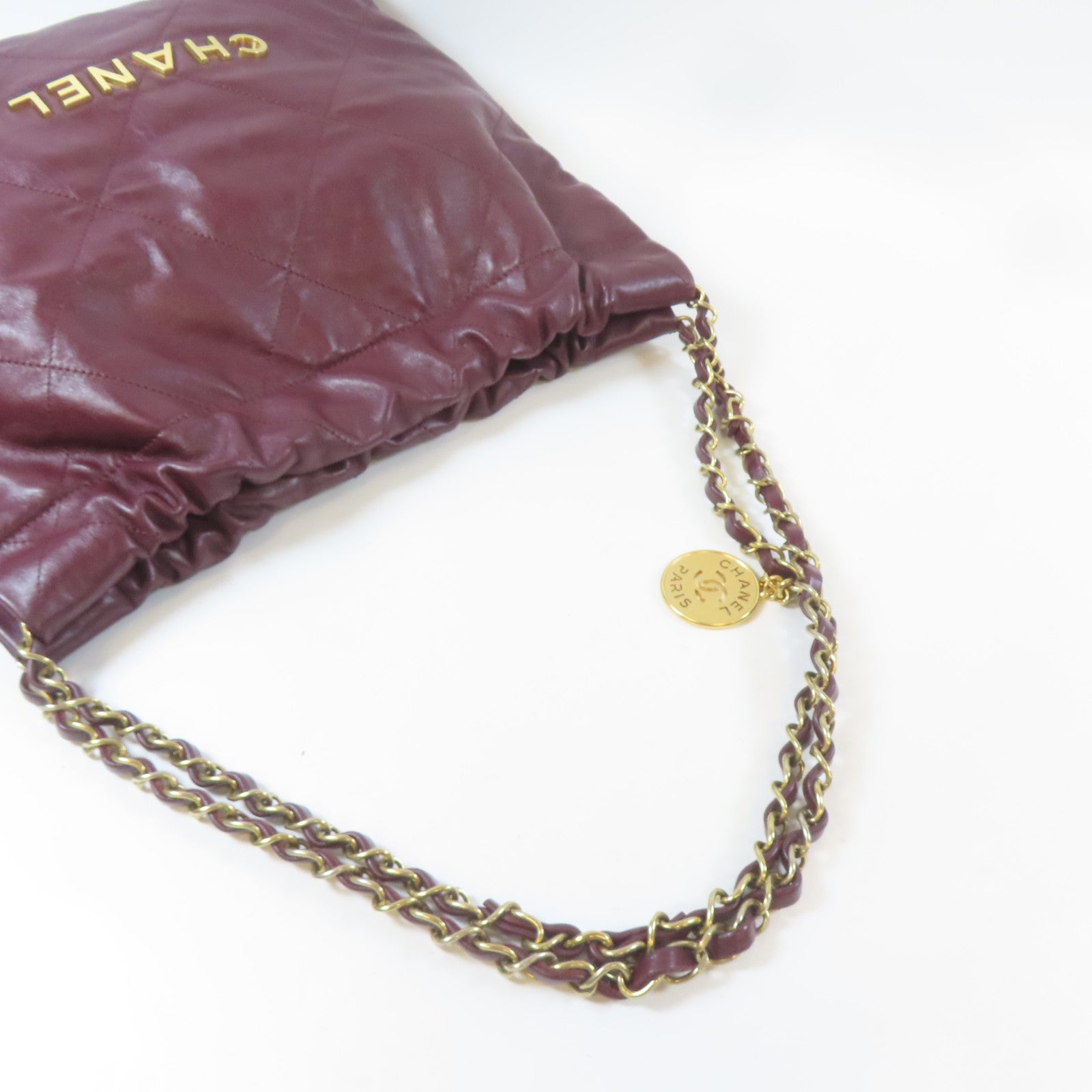 CHANEL 菱格牛皮皮革C22 Small金扣鏈帶肩背袋紫色