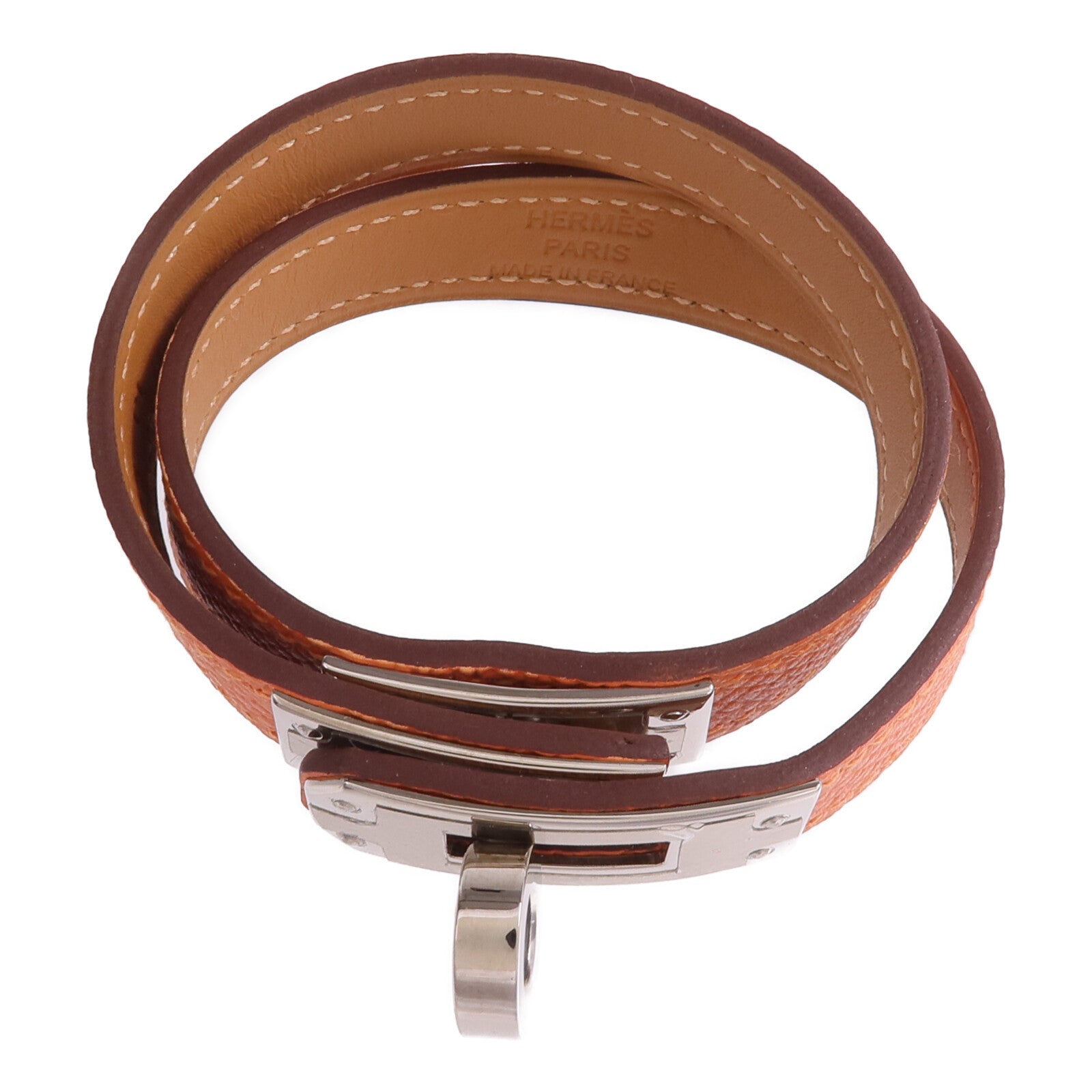 HERMES Epsom皮革Kelly Double Tour Bracelet銀扣手帶Orange H