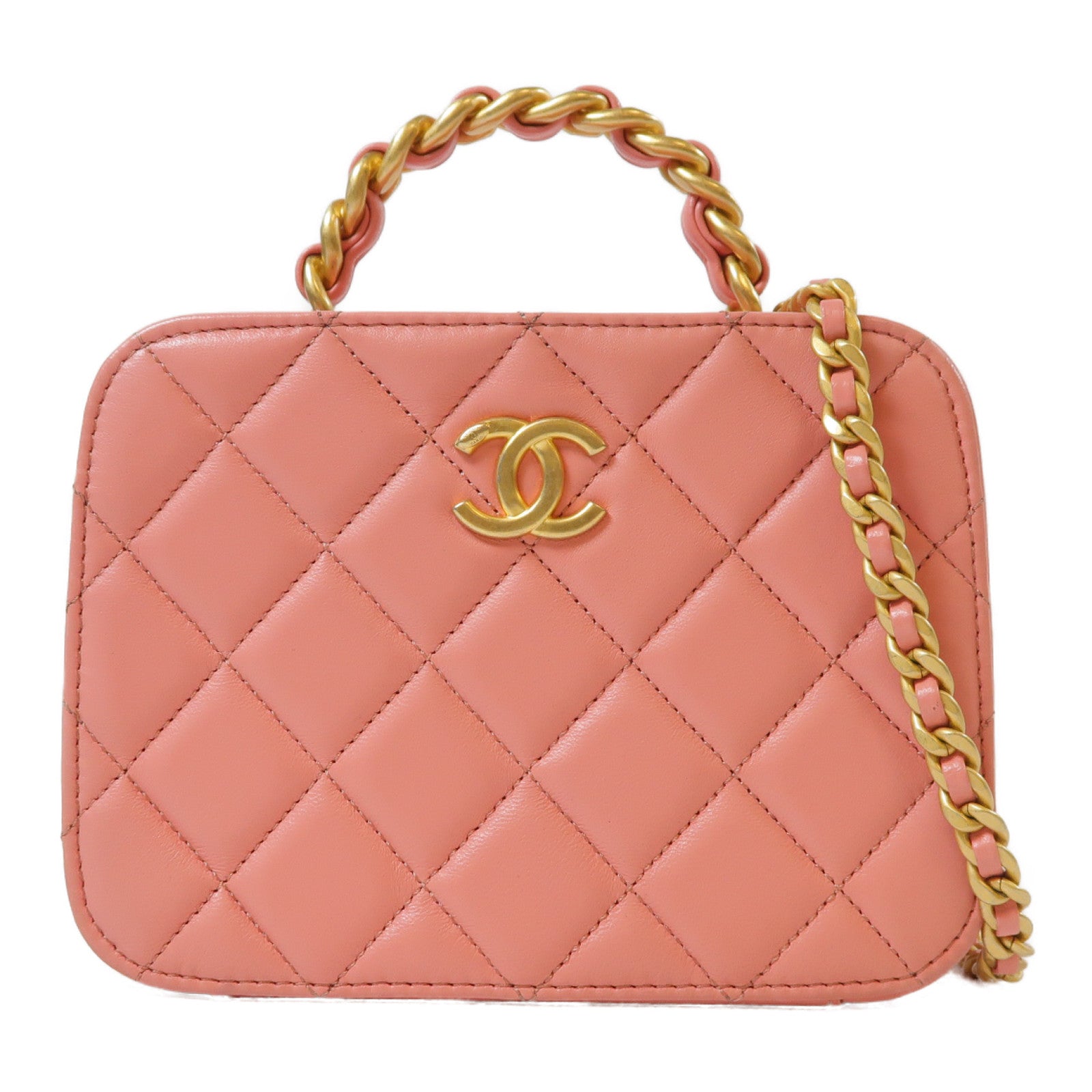 CHANEL 【激減優惠】菱格羊皮皮革Chain Shoulder金扣手挽鏈帶肩背兩用袋粉紅色