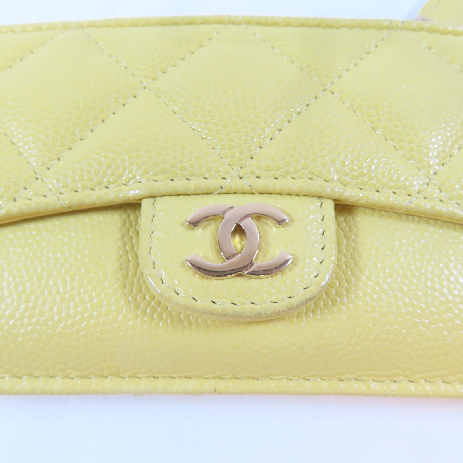 CHANEL 菱格Caviar皮革Card Case金扣卡片套黃色