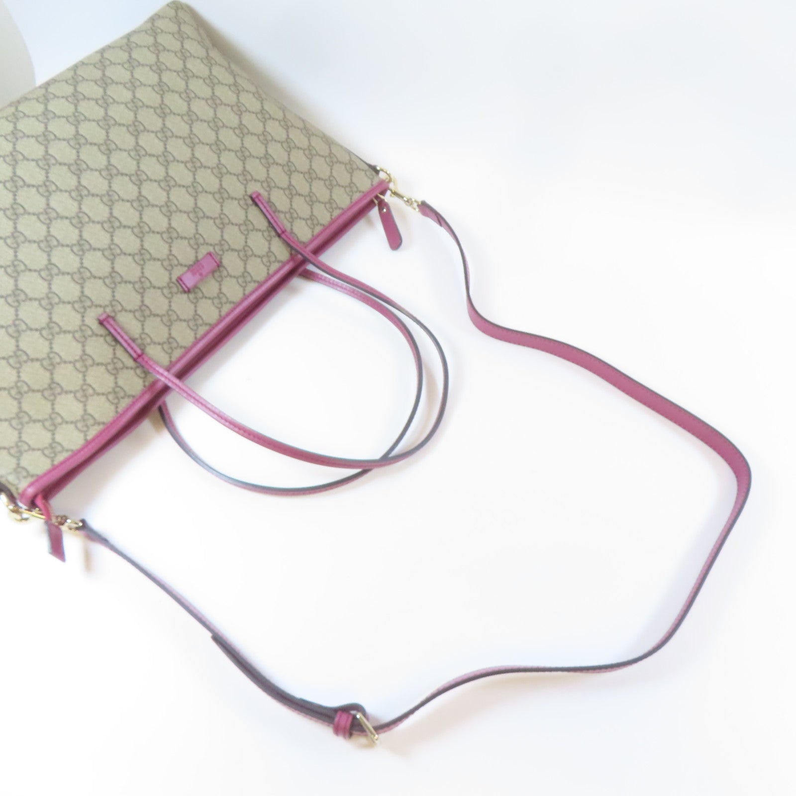 GUCCI 塗層帆布2 Way Shoulder Bag金扣手挽肩背兩用袋啡色/粉紅色