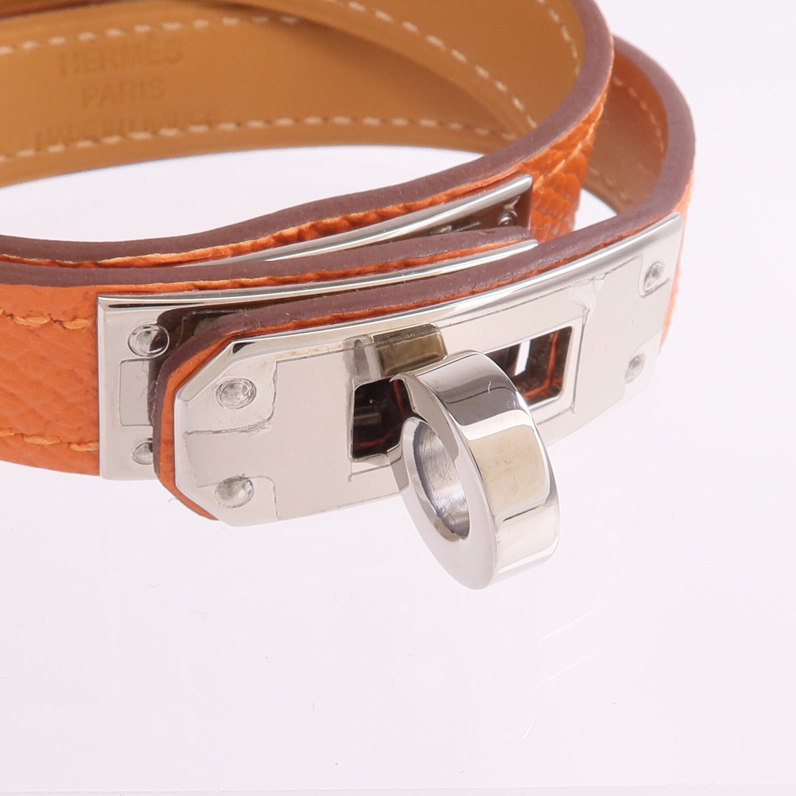 HERMES Epsom皮革Kelly Double Tour Bracelet銀扣手帶Orange H