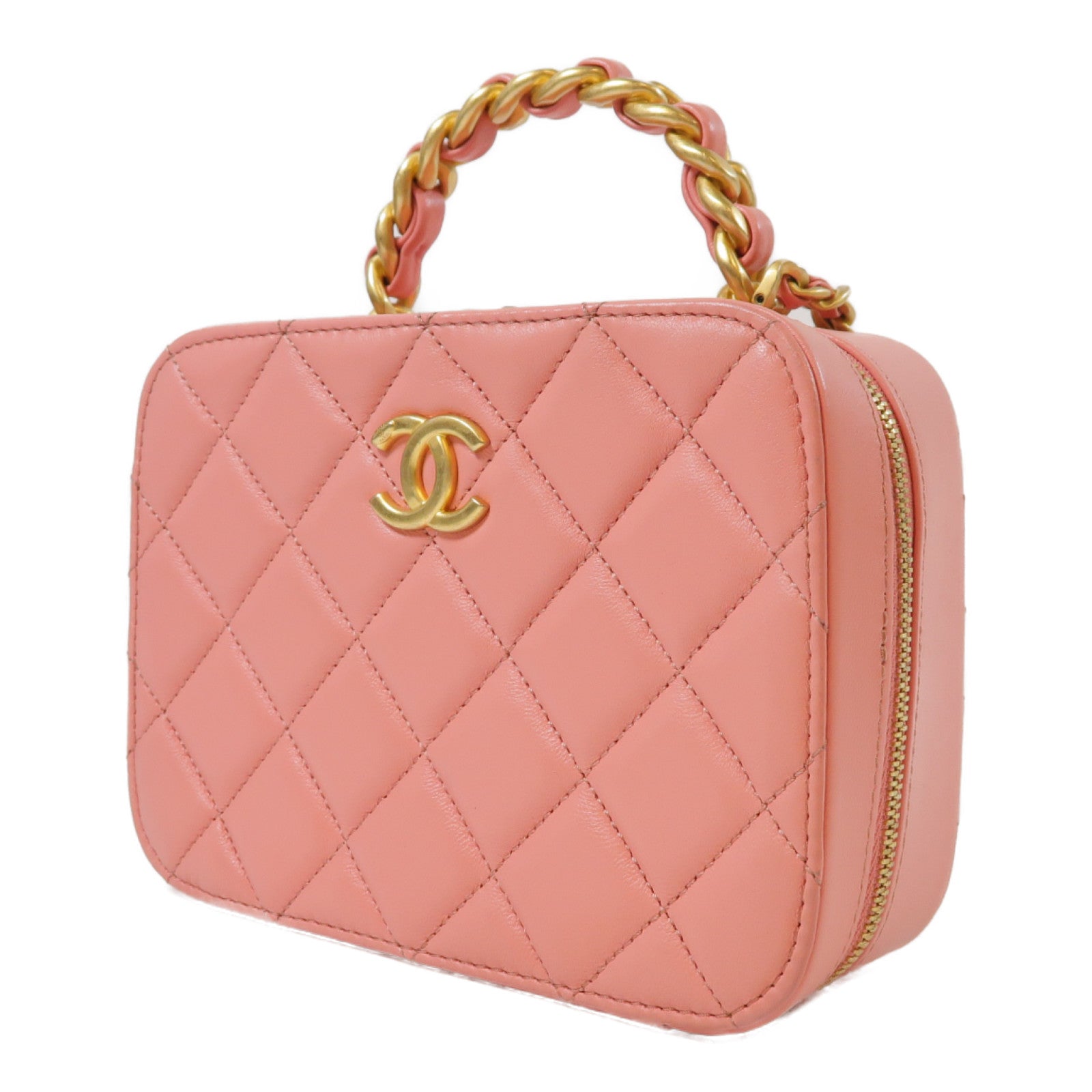 CHANEL 【激減優惠】菱格羊皮皮革Chain Shoulder金扣手挽鏈帶肩背兩用袋粉紅色