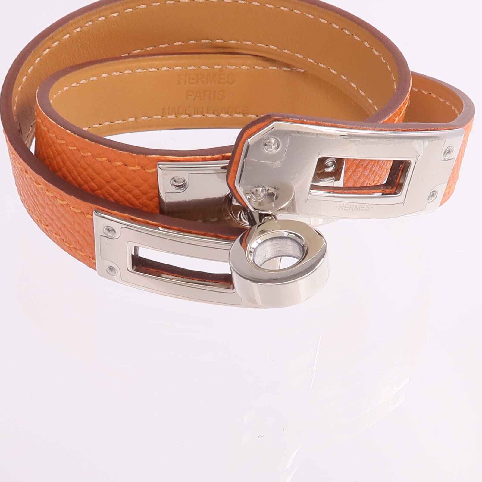 HERMES Epsom皮革Kelly Double Tour Bracelet銀扣手帶Orange H