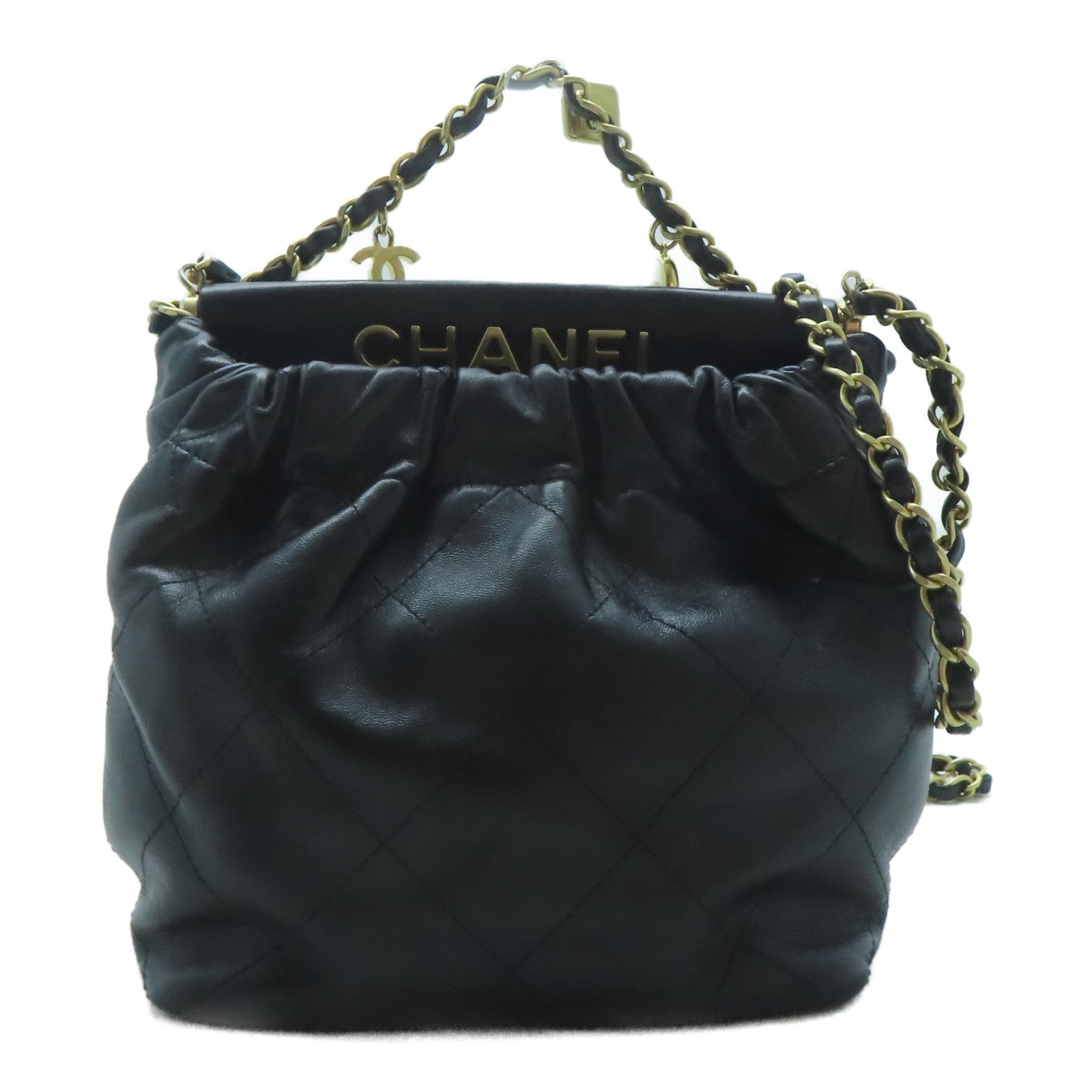 CHANEL 羊皮皮革Mini Bucket Bag金扣鏈帶手挽肩背兩用袋黑色