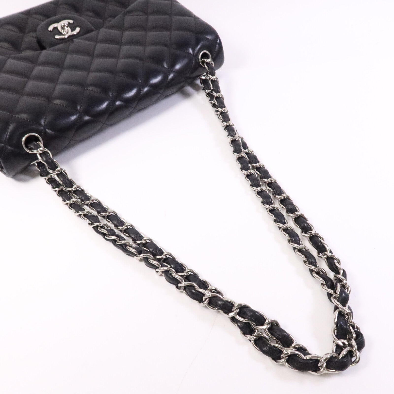 CHANEL 羊皮皮革Large Classic銀扣鏈帶肩背袋