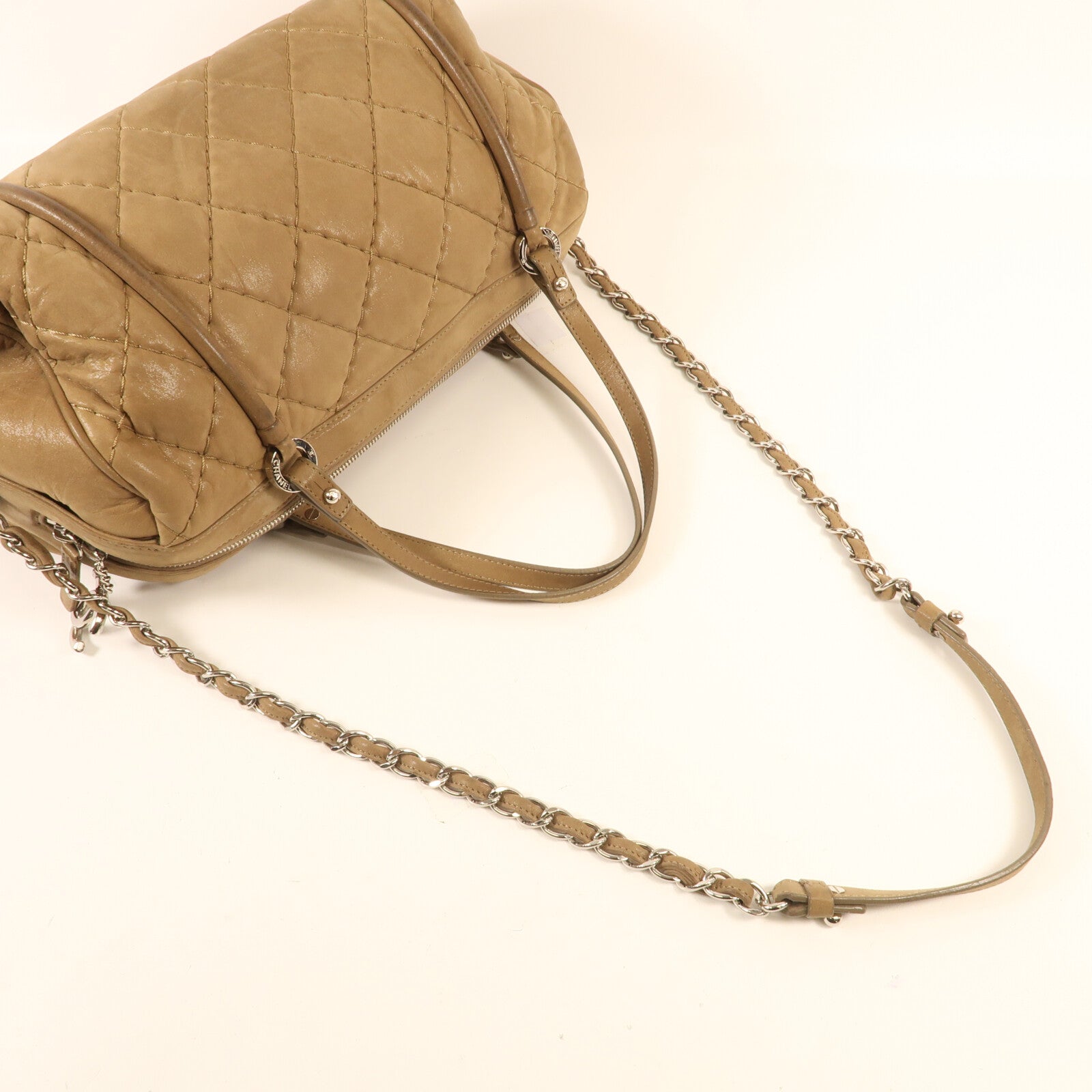 CHANEL 牛皮皮革Chain Shoulder銀扣鏈帶手挽肩背兩用袋