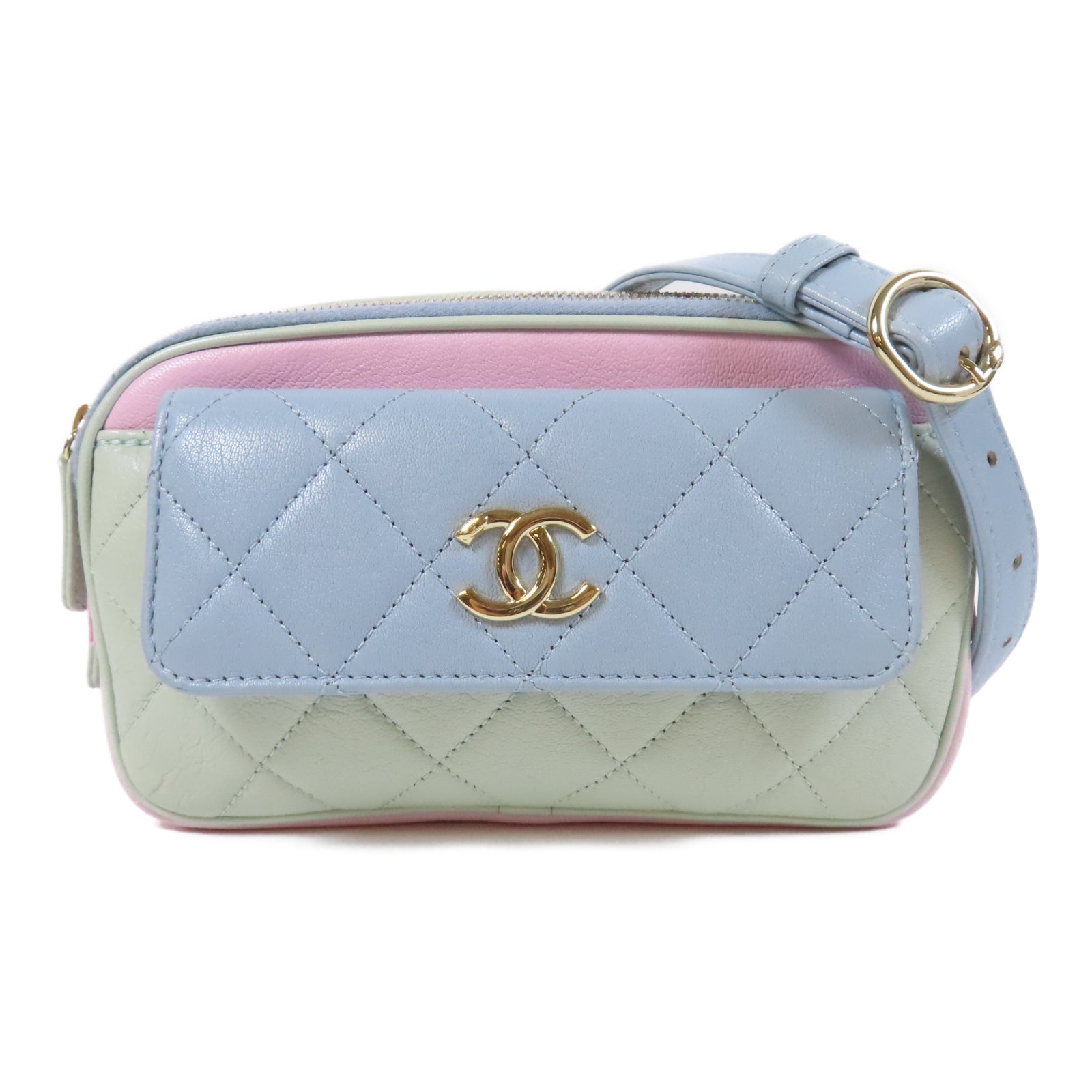 CHANEL 菱格牛皮皮革Waist Bag金扣鏈帶腰包綠色/粉紅色/藍色