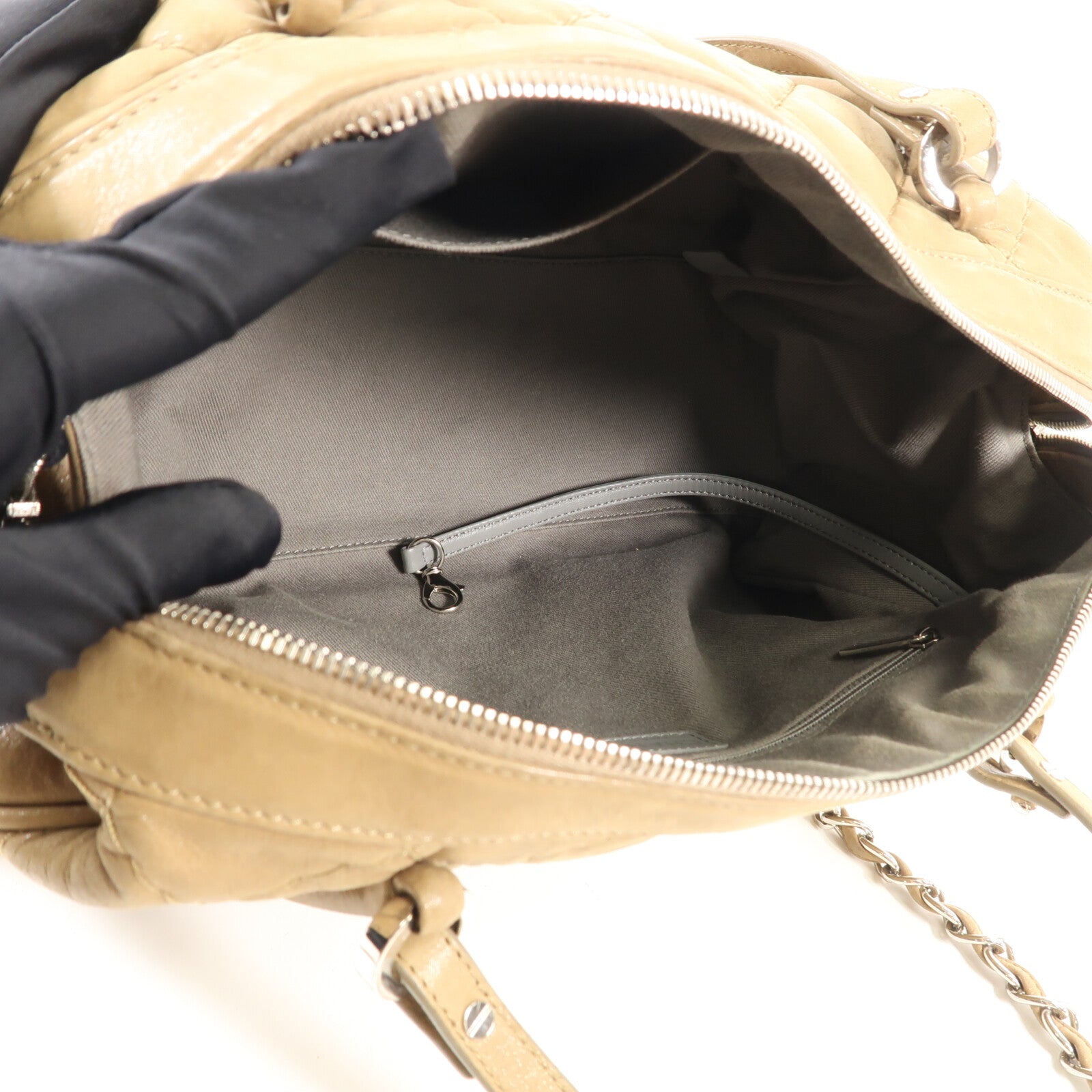 CHANEL 牛皮皮革Chain Shoulder銀扣鏈帶手挽肩背兩用袋