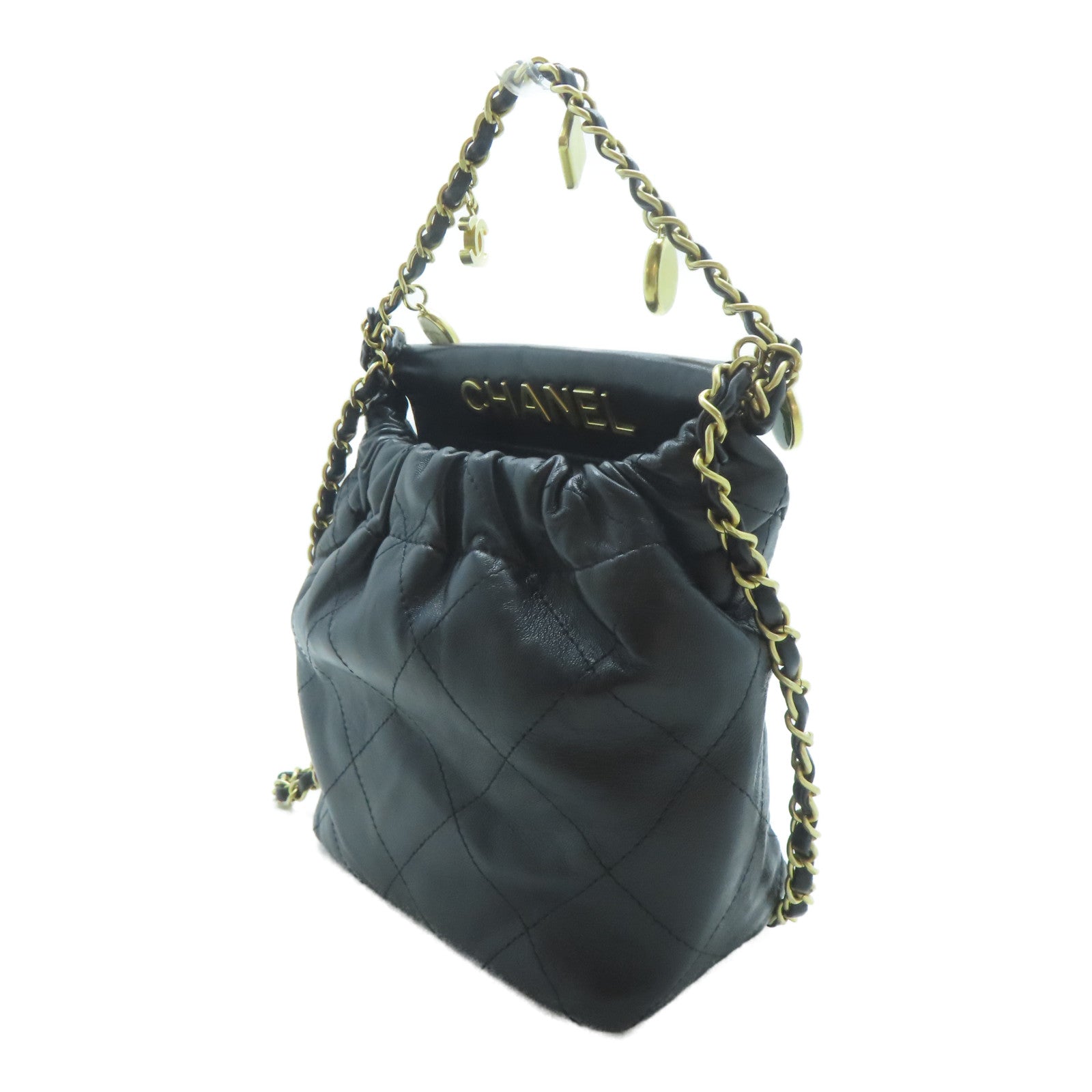 CHANEL 羊皮皮革Mini Bucket Bag金扣鏈帶手挽肩背兩用袋黑色