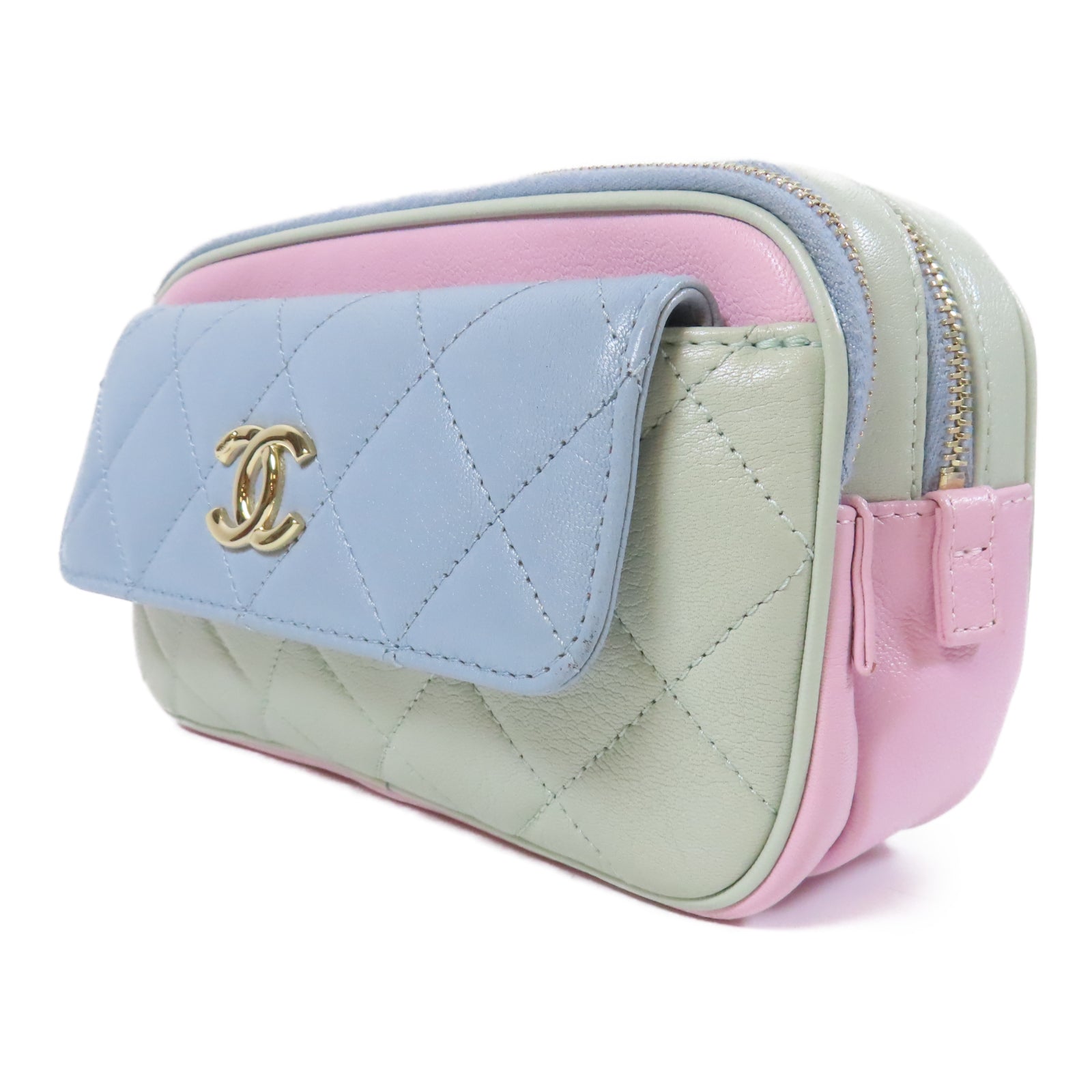 CHANEL 菱格牛皮皮革Waist Bag金扣鏈帶腰包綠色/粉紅色/藍色