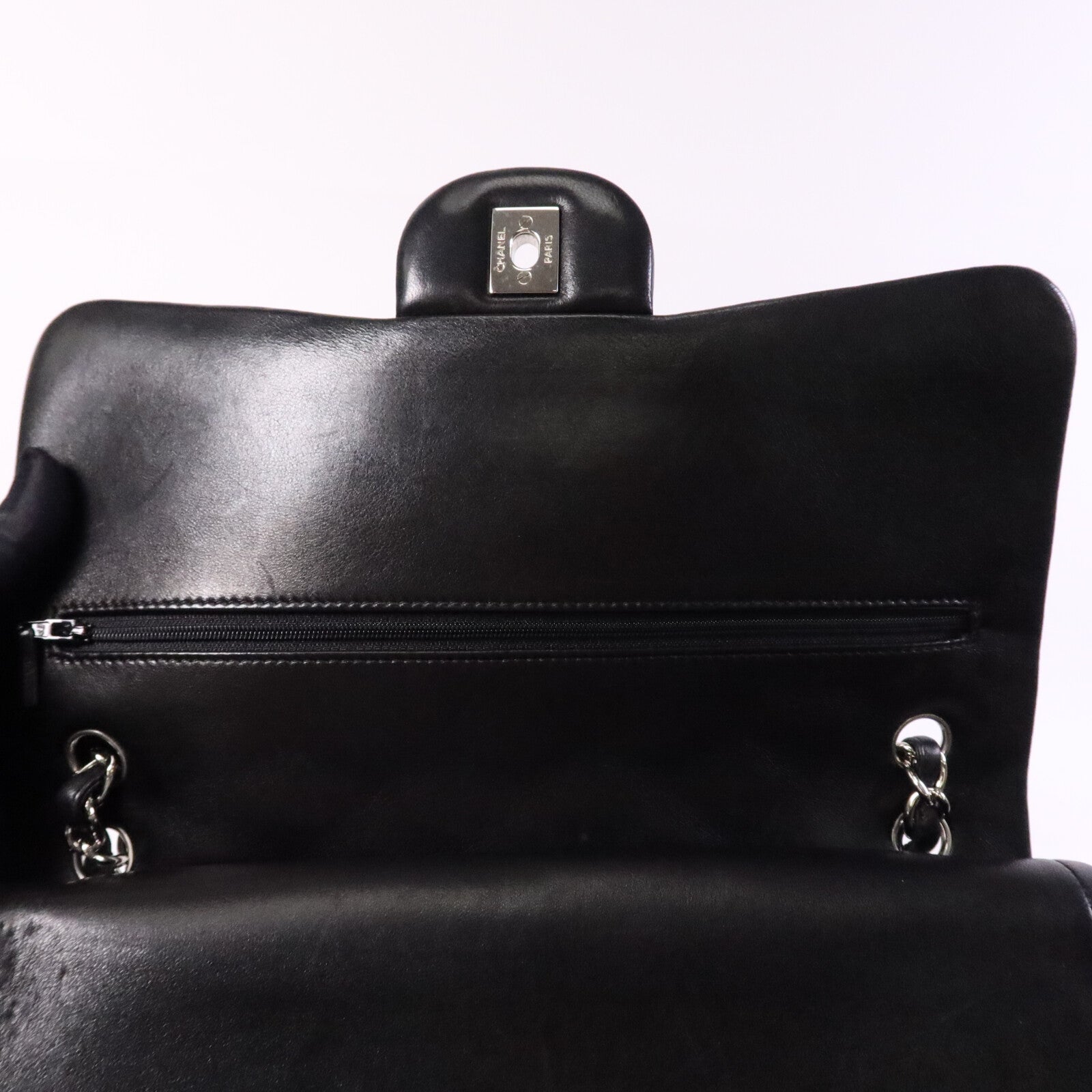 CHANEL 羊皮皮革Large Classic銀扣鏈帶肩背袋