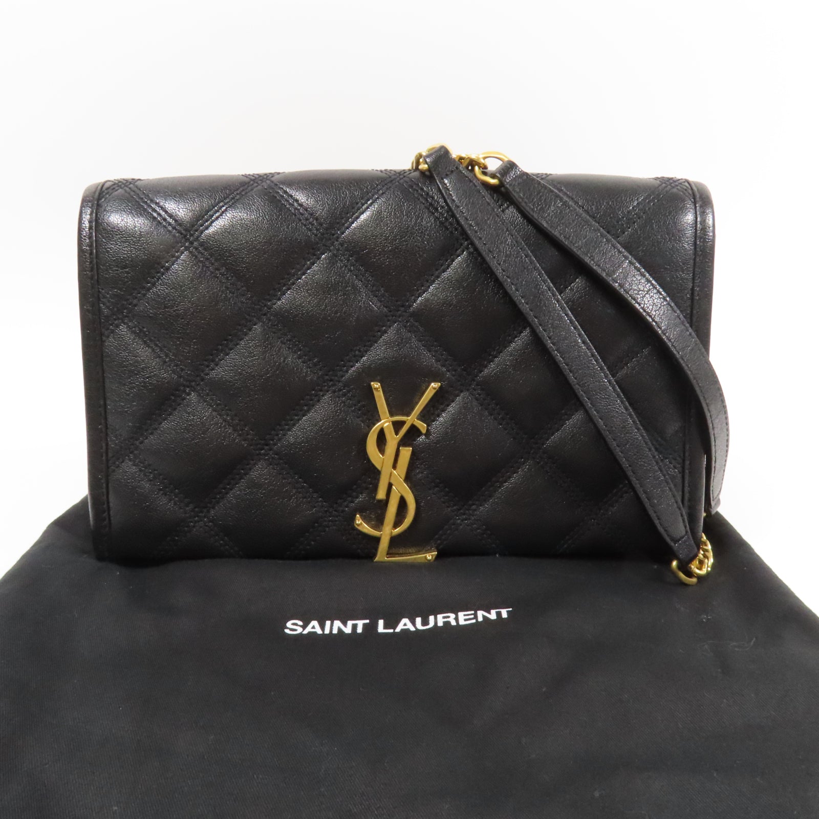 SAINT LAURENT 牛皮皮革Woc Chain Shoulder Bag金扣鏈帶肩背袋黑色
