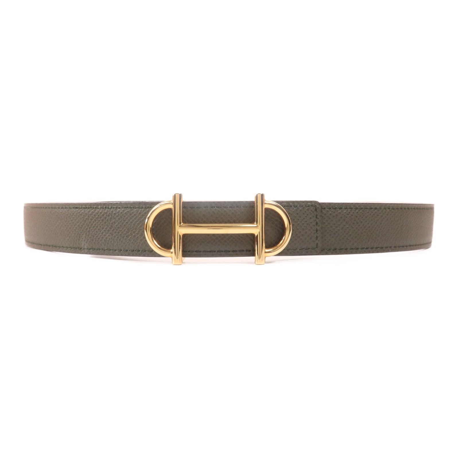 HERMES Swift/Espom皮革Gamma Belt金扣皮帶Vert De Gris