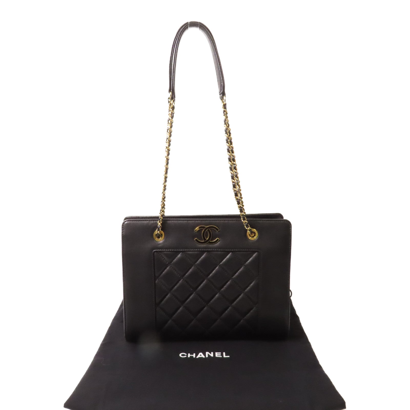CHANEL 菱格羊皮皮革Mademoiselle Vintage Tote金扣鏈帶肩背袋黑色