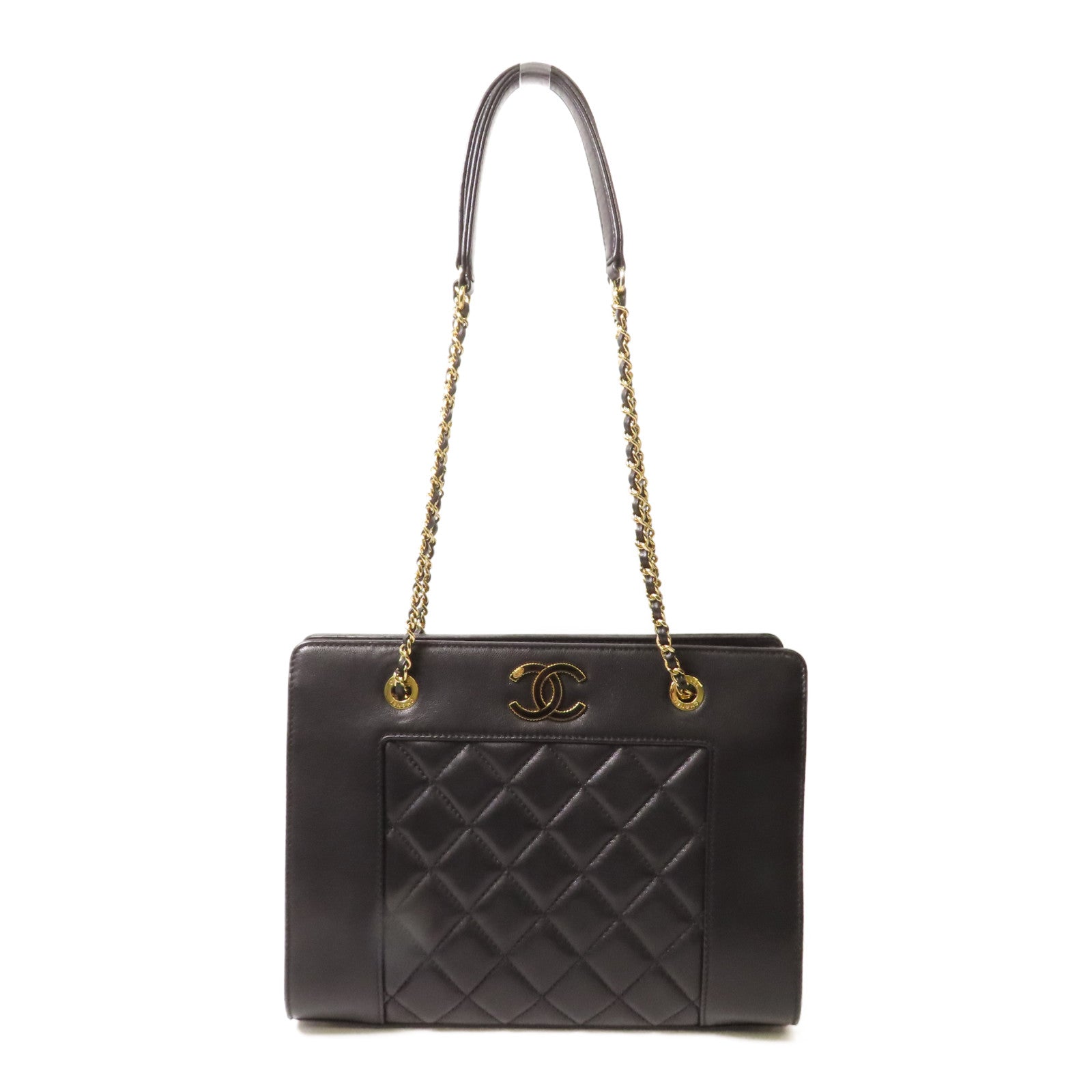 CHANEL 菱格羊皮皮革Mademoiselle Vintage Tote金扣鏈帶肩背袋黑色