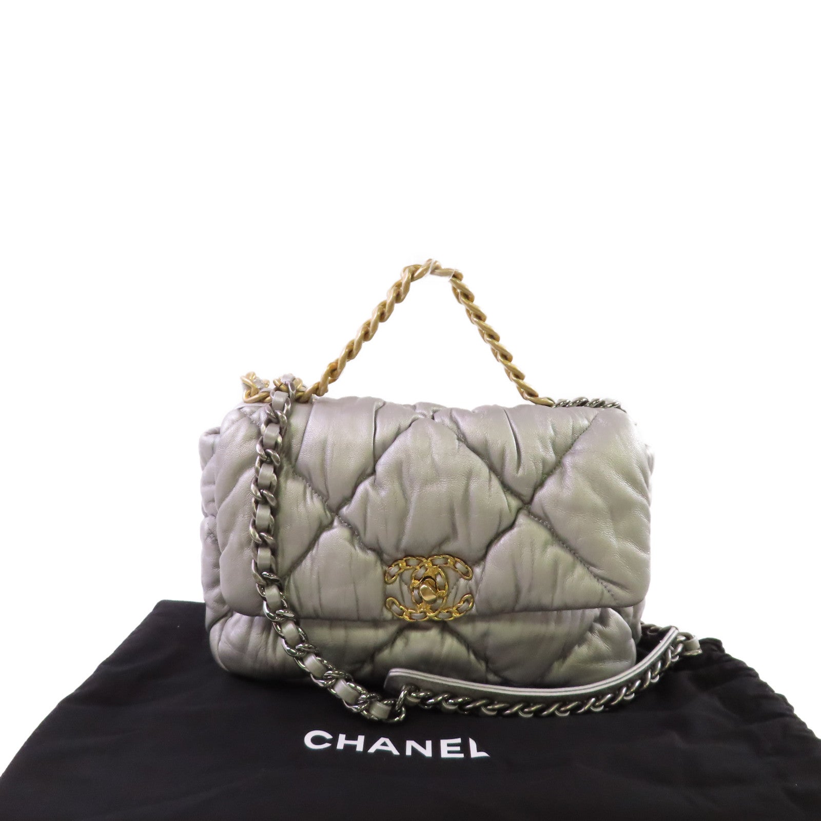 CHANEL 菱格牛皮皮革Chanel 19 2Way Shoulder Bag金扣手挽肩背兩用袋銀色
