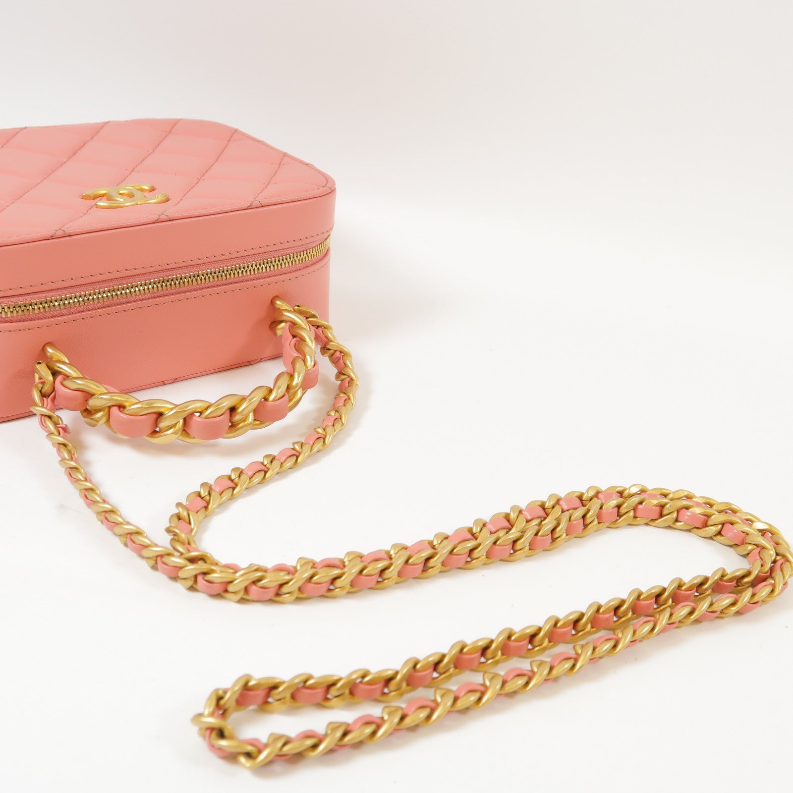 CHANEL 【激減優惠】菱格羊皮皮革Chain Shoulder金扣手挽鏈帶肩背兩用袋粉紅色