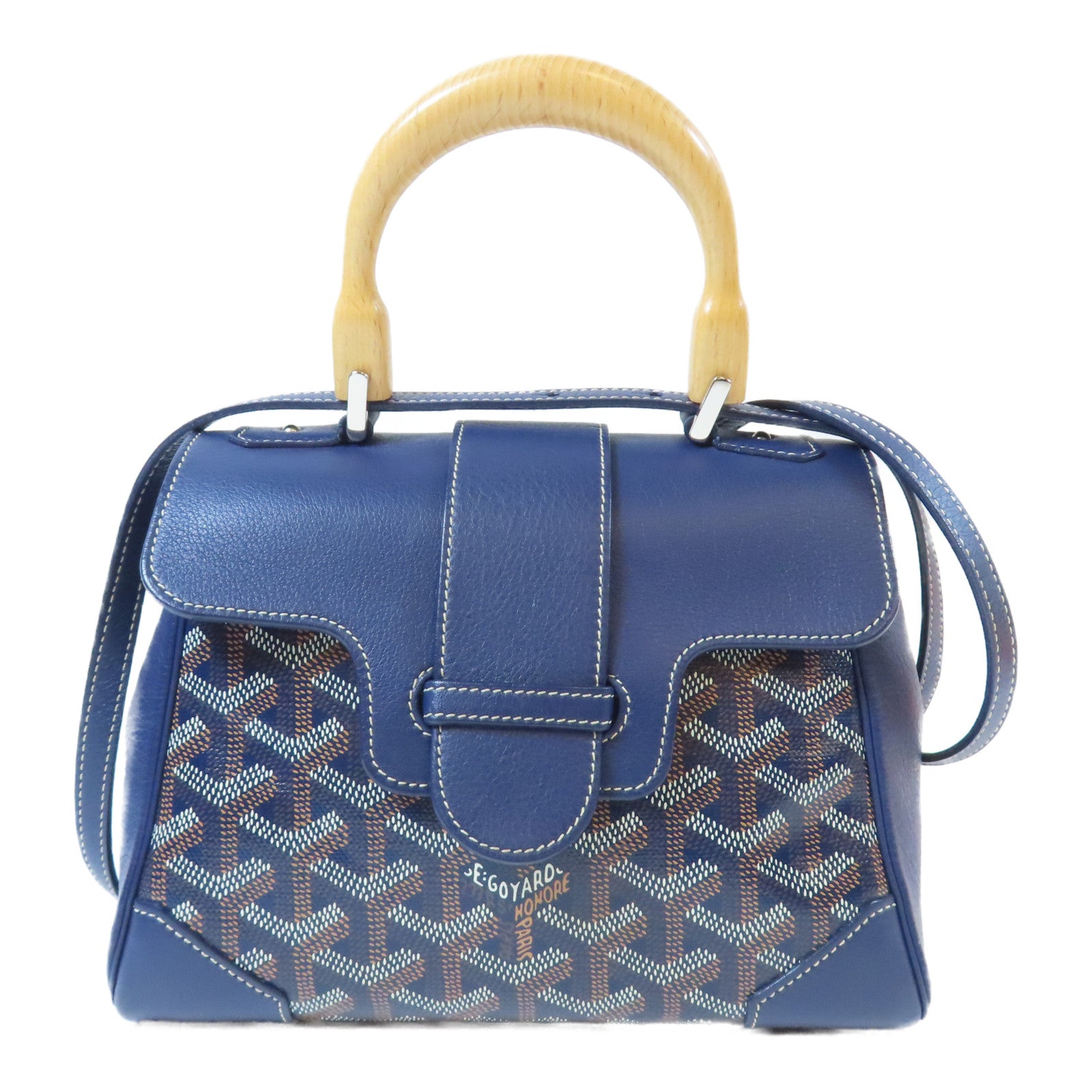 GOYARD 塗層帆布/牛皮皮革Saigon銀扣手挽肩背兩用袋深藍色