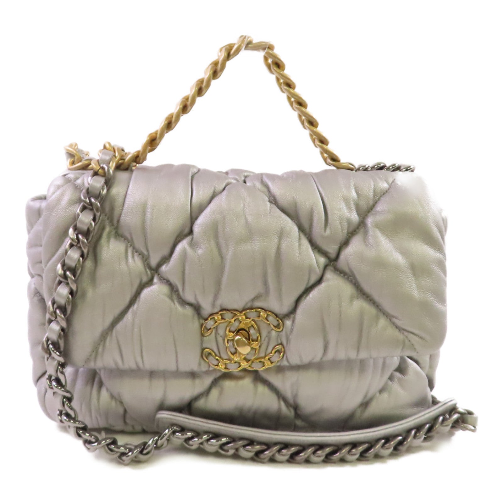 CHANEL 菱格牛皮皮革Chanel 19 2Way Shoulder Bag金扣手挽肩背兩用袋銀色