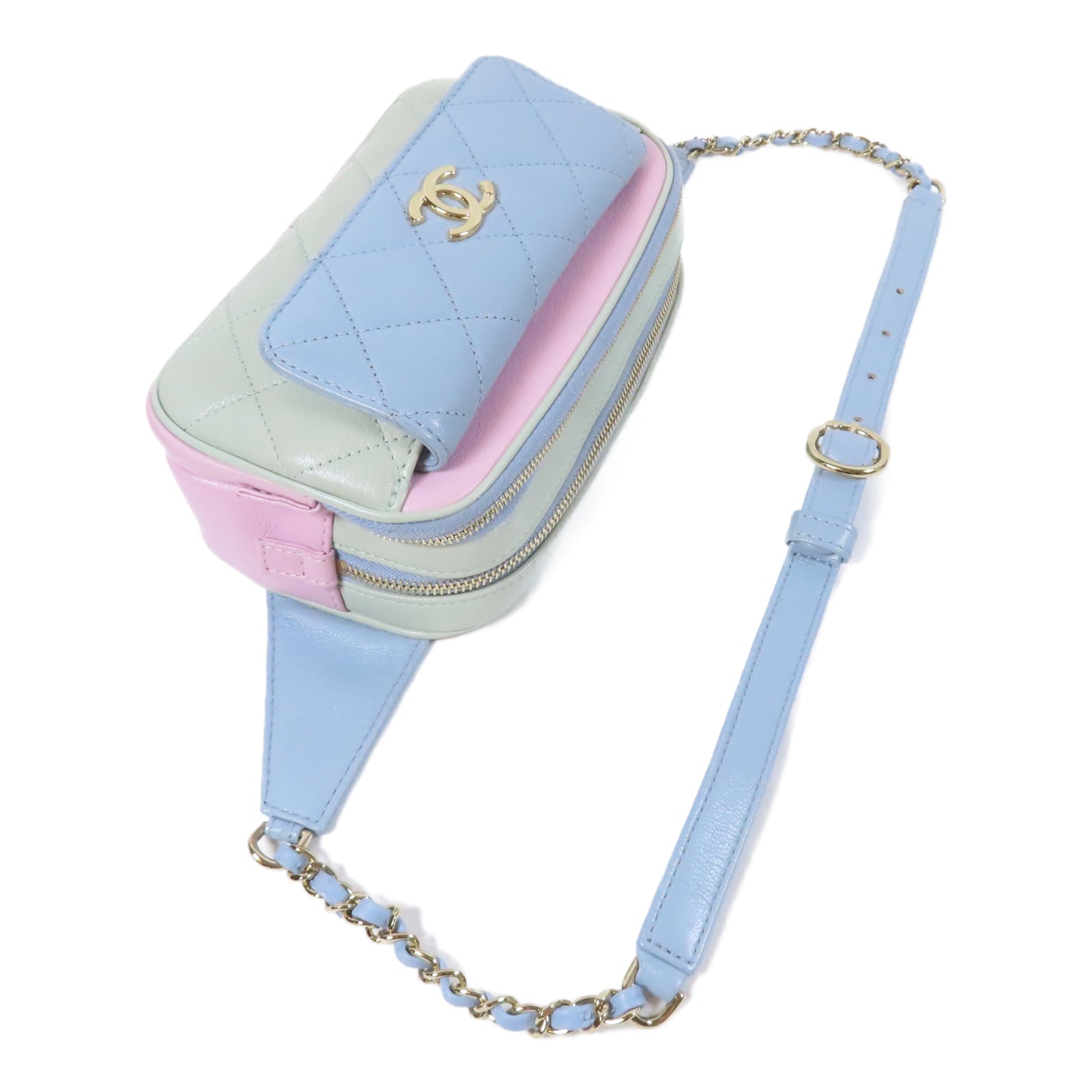 CHANEL 菱格牛皮皮革Waist Bag金扣鏈帶腰包綠色/粉紅色/藍色