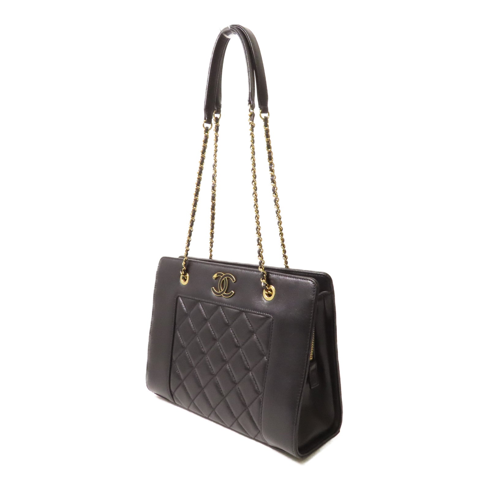 CHANEL 菱格羊皮皮革Mademoiselle Vintage Tote金扣鏈帶肩背袋黑色