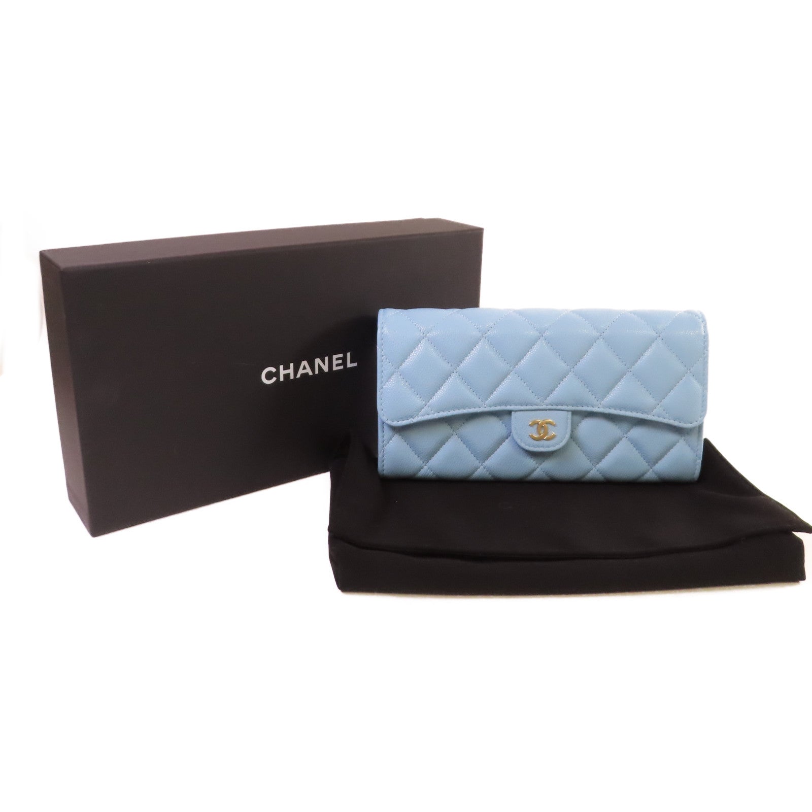 CHANEL 菱格Caviar皮革Classic Long Flap Wallet金扣長錢包淺藍色