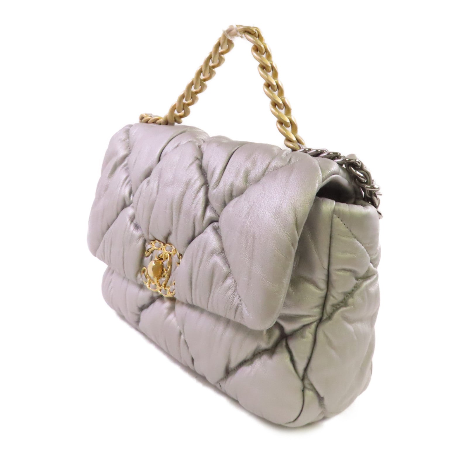 CHANEL 菱格牛皮皮革Chanel 19 2Way Shoulder Bag金扣手挽肩背兩用袋銀色