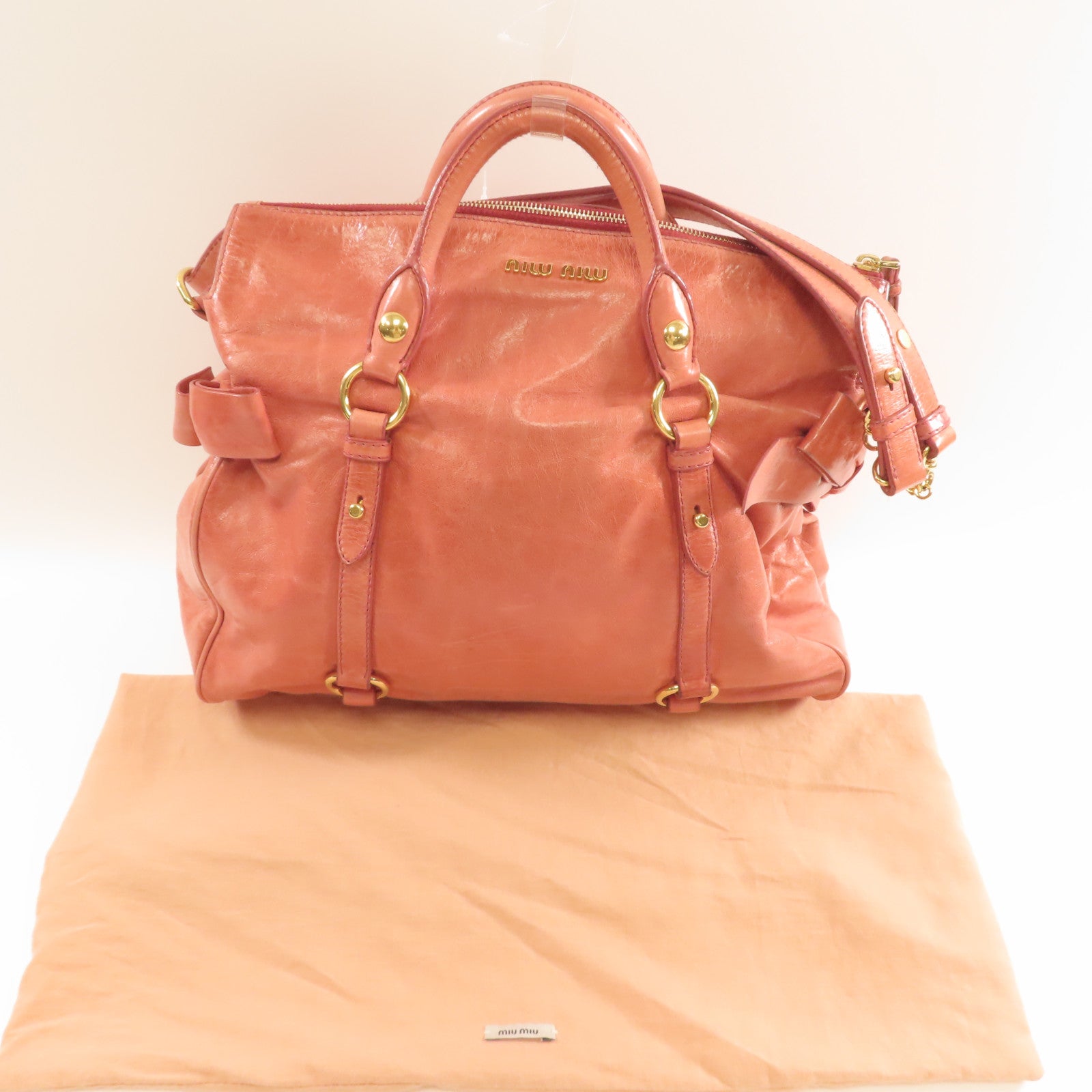 Miu Miu 羊皮皮革2Way Shoulder金扣手挽肩背兩用袋粉紅色