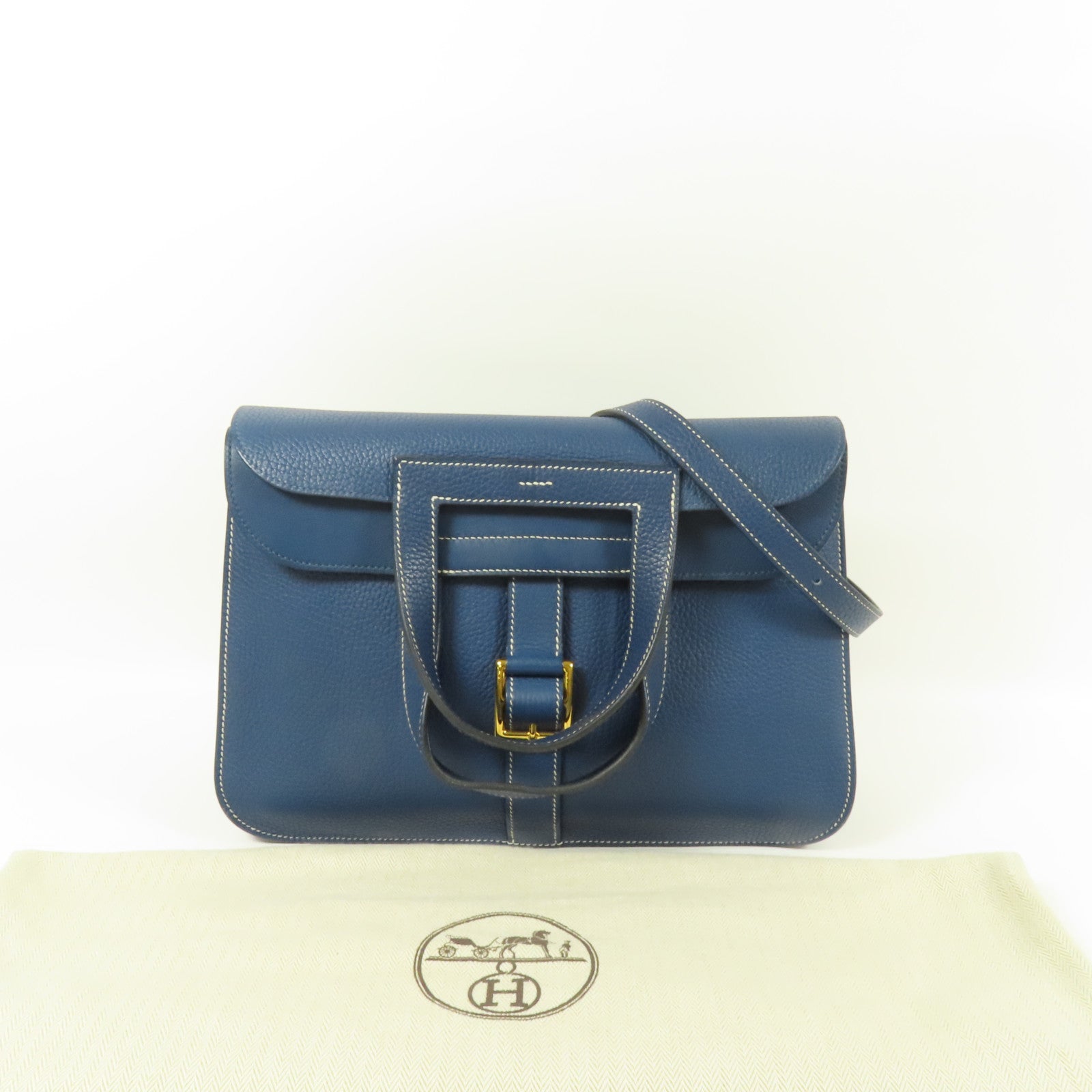 HERMES Clemence皮革Halzan 31金扣手挽肩背兩用袋Bleu Brighton