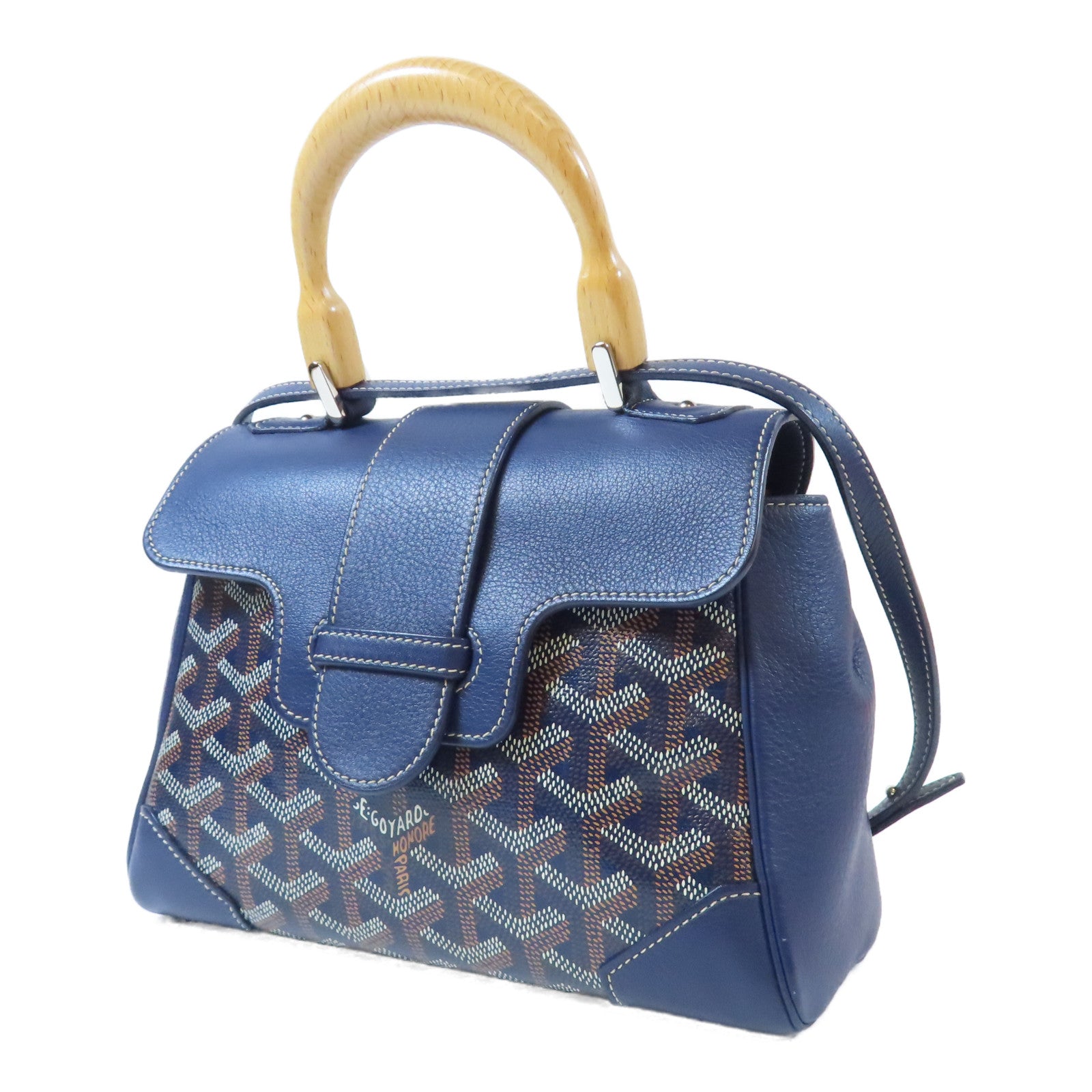 GOYARD 塗層帆布/牛皮皮革Saigon銀扣手挽肩背兩用袋深藍色
