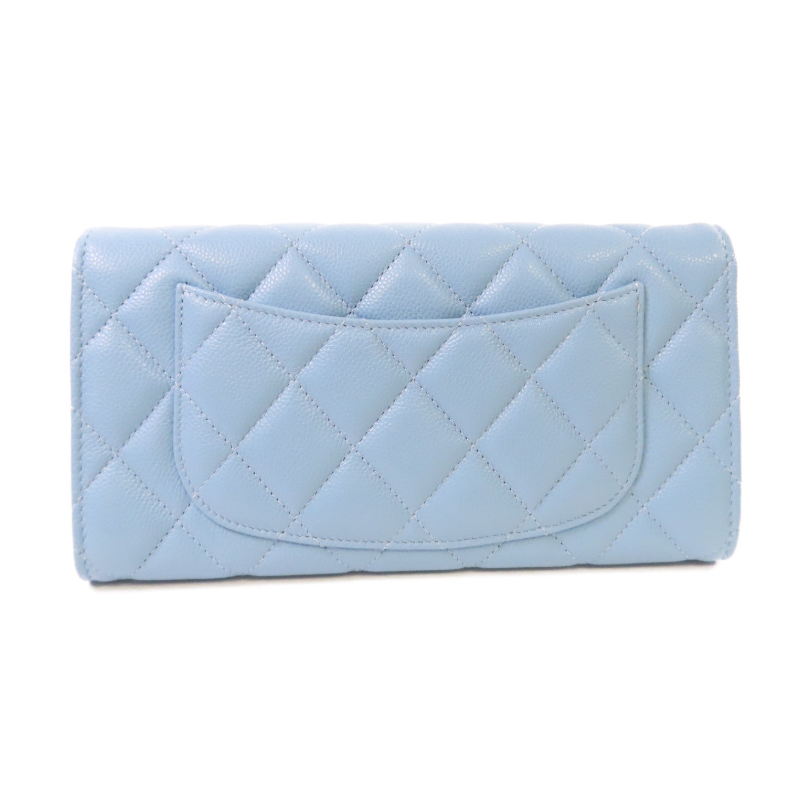 CHANEL 菱格Caviar皮革Classic Long Flap Wallet金扣長錢包淺藍色