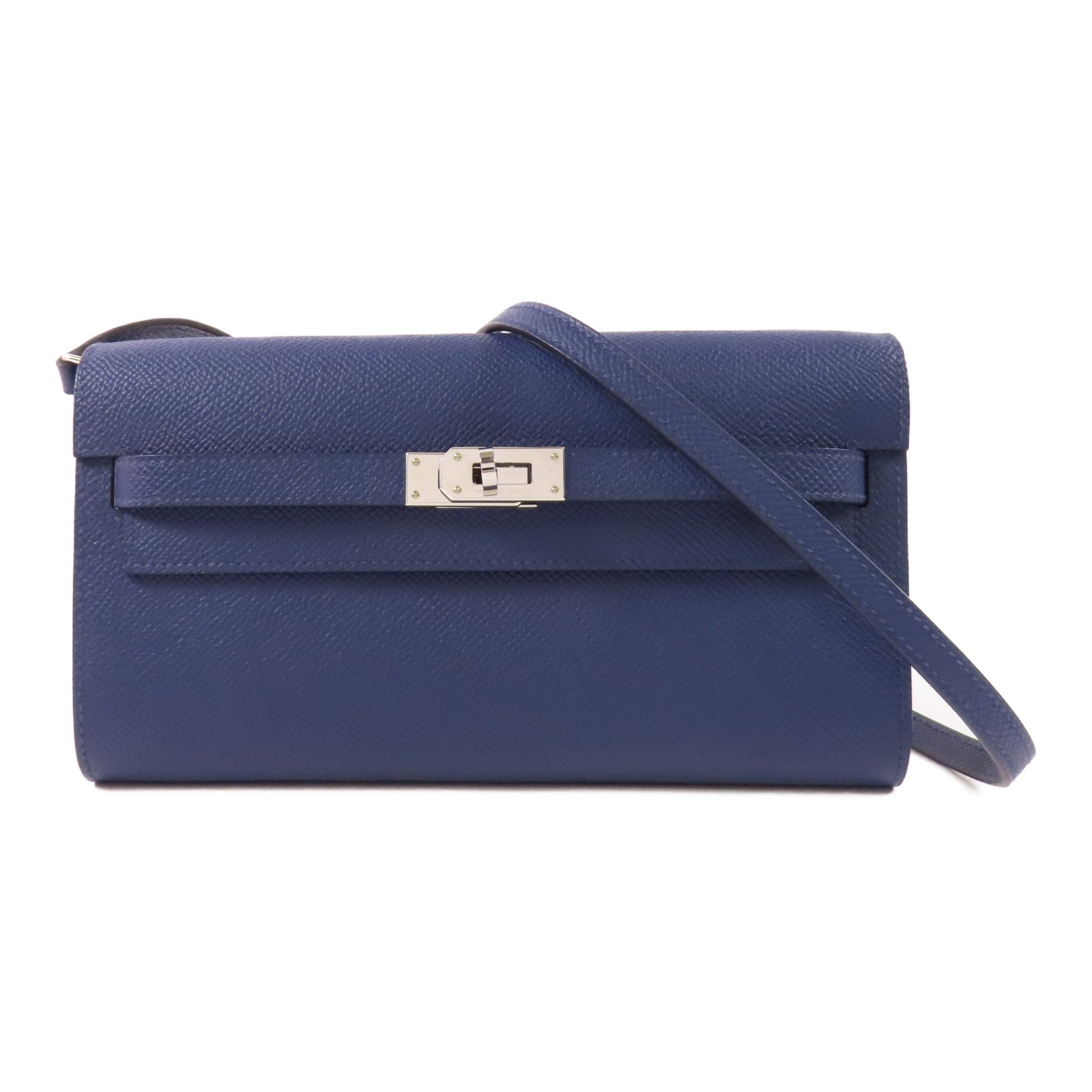 HERMES Epsom皮革Kelly To Go銀扣肩背袋Bleu Saphir
